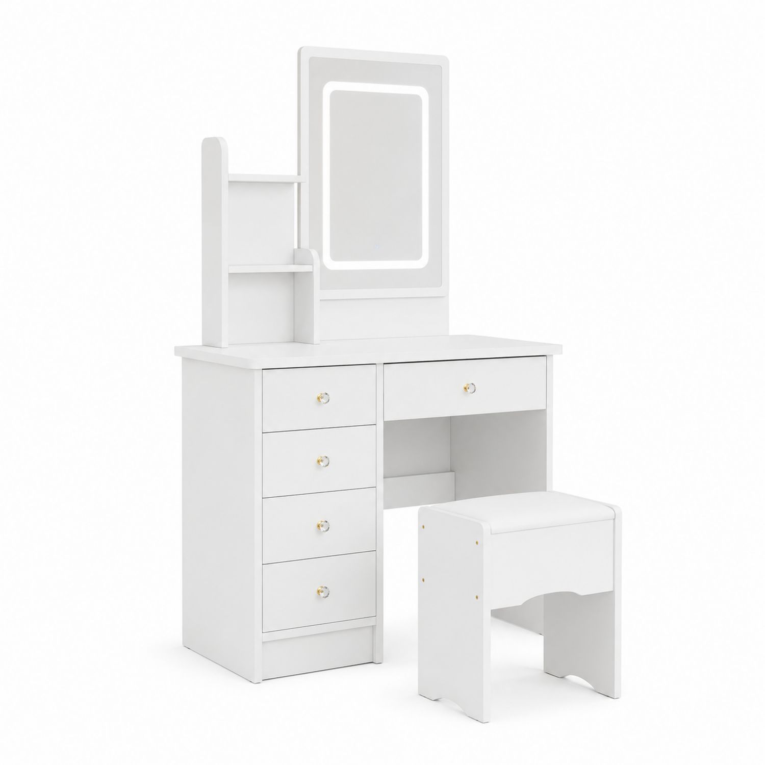 Toeletta in MDF con Specchio LED e Sgabello Bianco