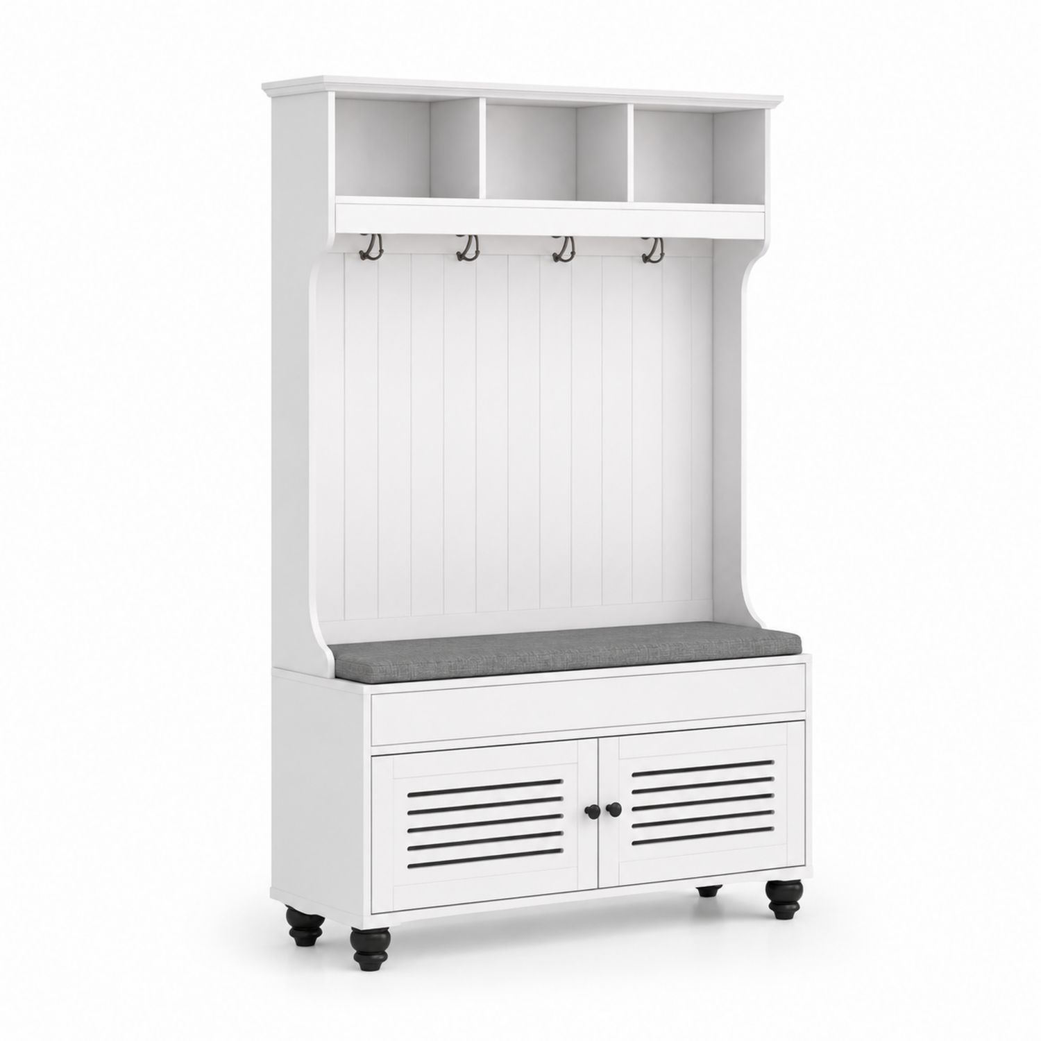 Mobile d'ingresso in legno bianco con cuscino grigio e vani