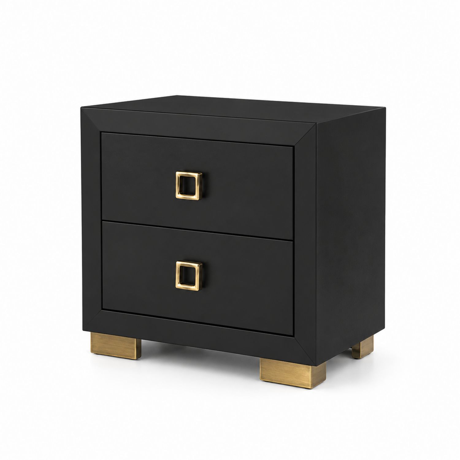 Comodino in Legno con Cassetti e Maniglie in Metallo Dorato Nero
