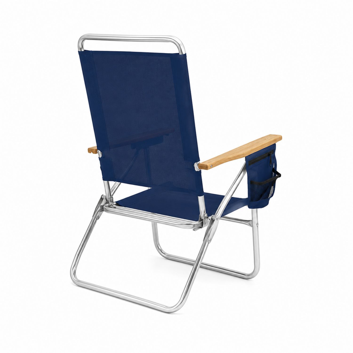 Sedia pieghevole in metallo con tessuto blu e braccioli in legno