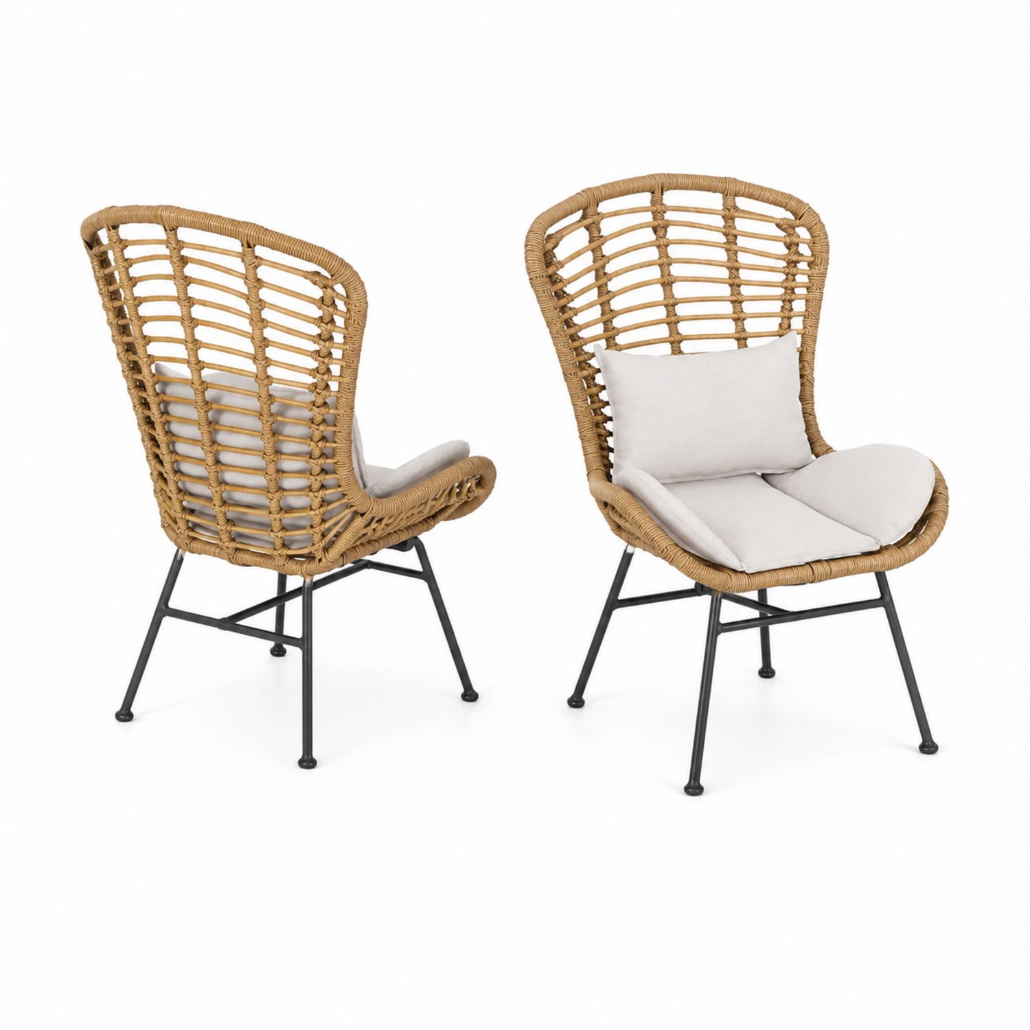 Set di 2 Sedie in Rattan Sintetico e Acciaio con Cuscini Beige