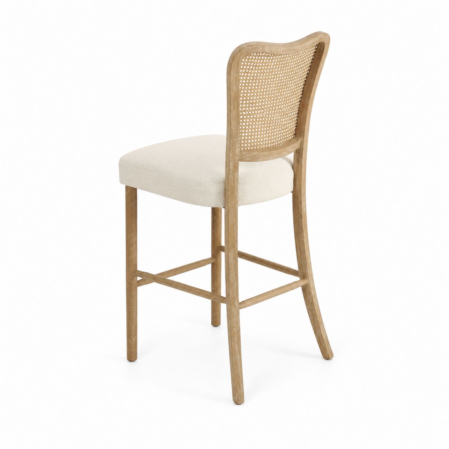Sgabello da bar in legno con seduta in poliestere crema e schienale in rattan H75 cm