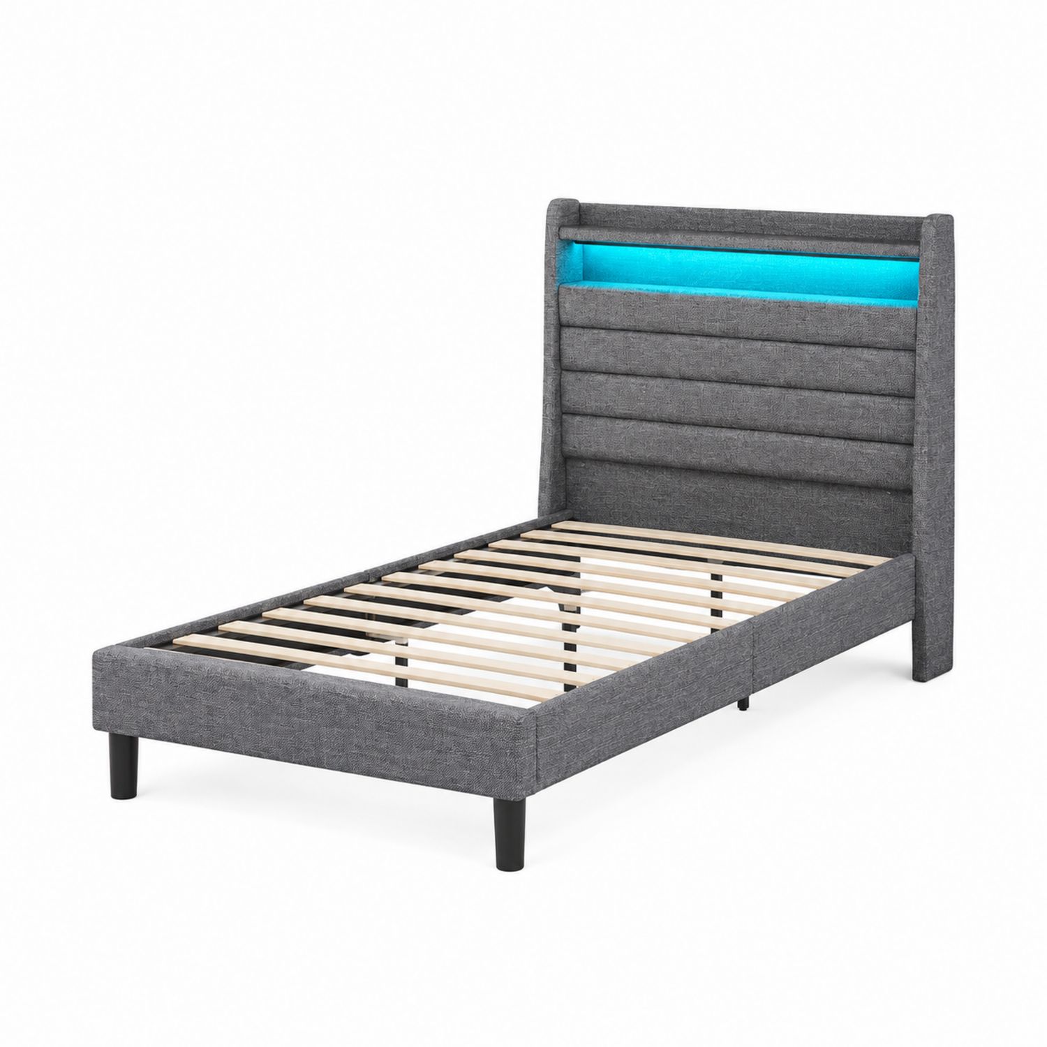 Letto singolo in legno e tessuto grigio con luci LED