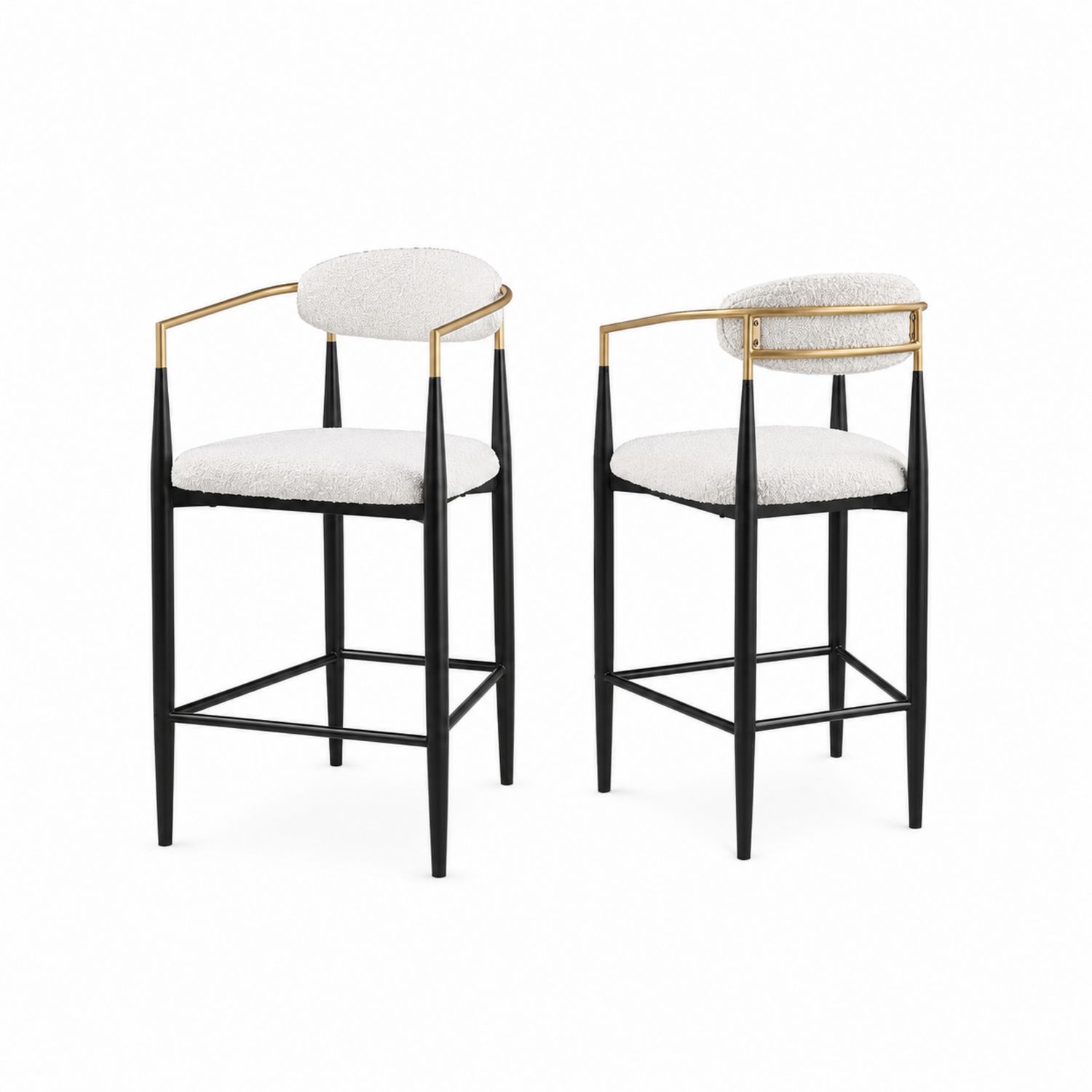 Set di 2 sgabelli da bar in metallo nero e dorato con seduta in tessuto bouclé bianco