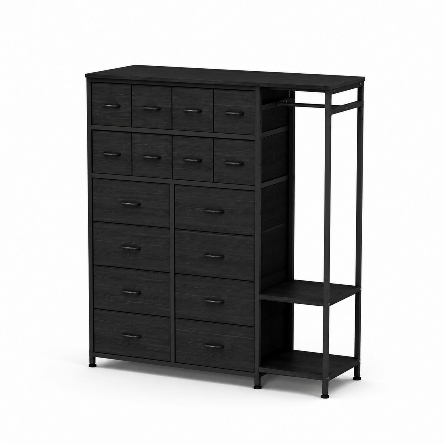 Cassettiera in Legno MDF e Metallo con Ripiani, Nero