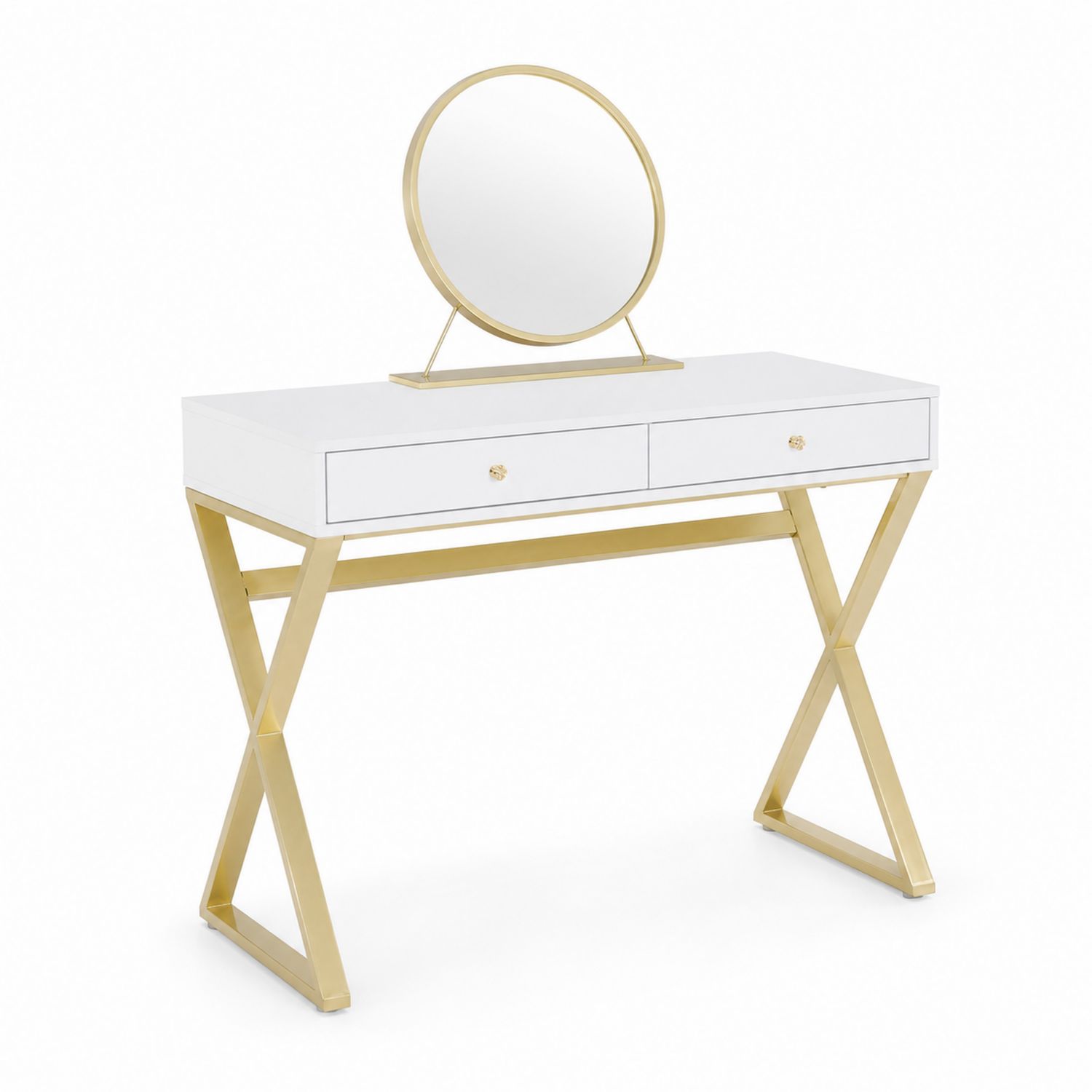 Tavolo da Toeletta in Legno MDF con Gambe in Metallo Oro e Specchio Rotondo