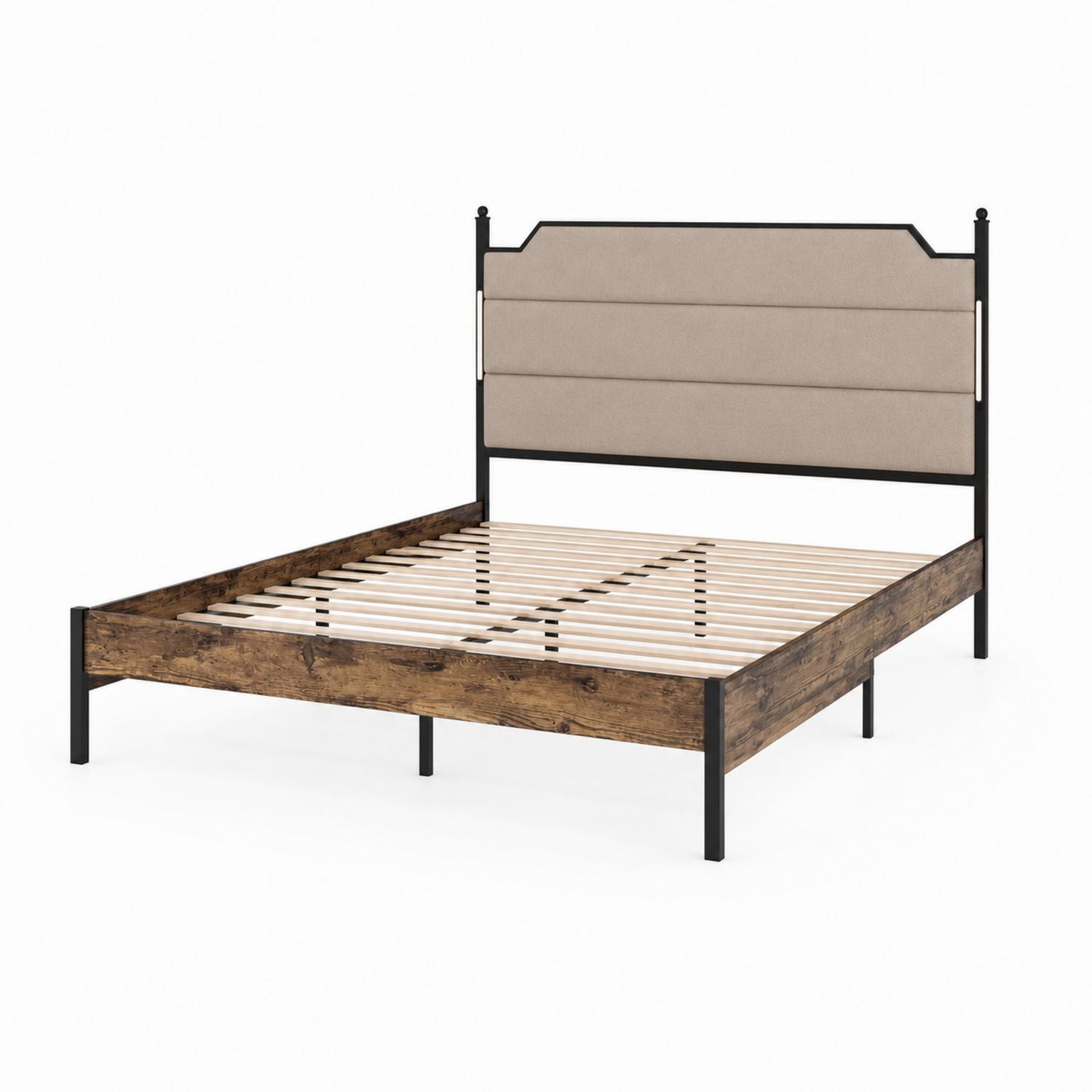 Letto matrimoniale in legno e metallo con testiera imbottita beige