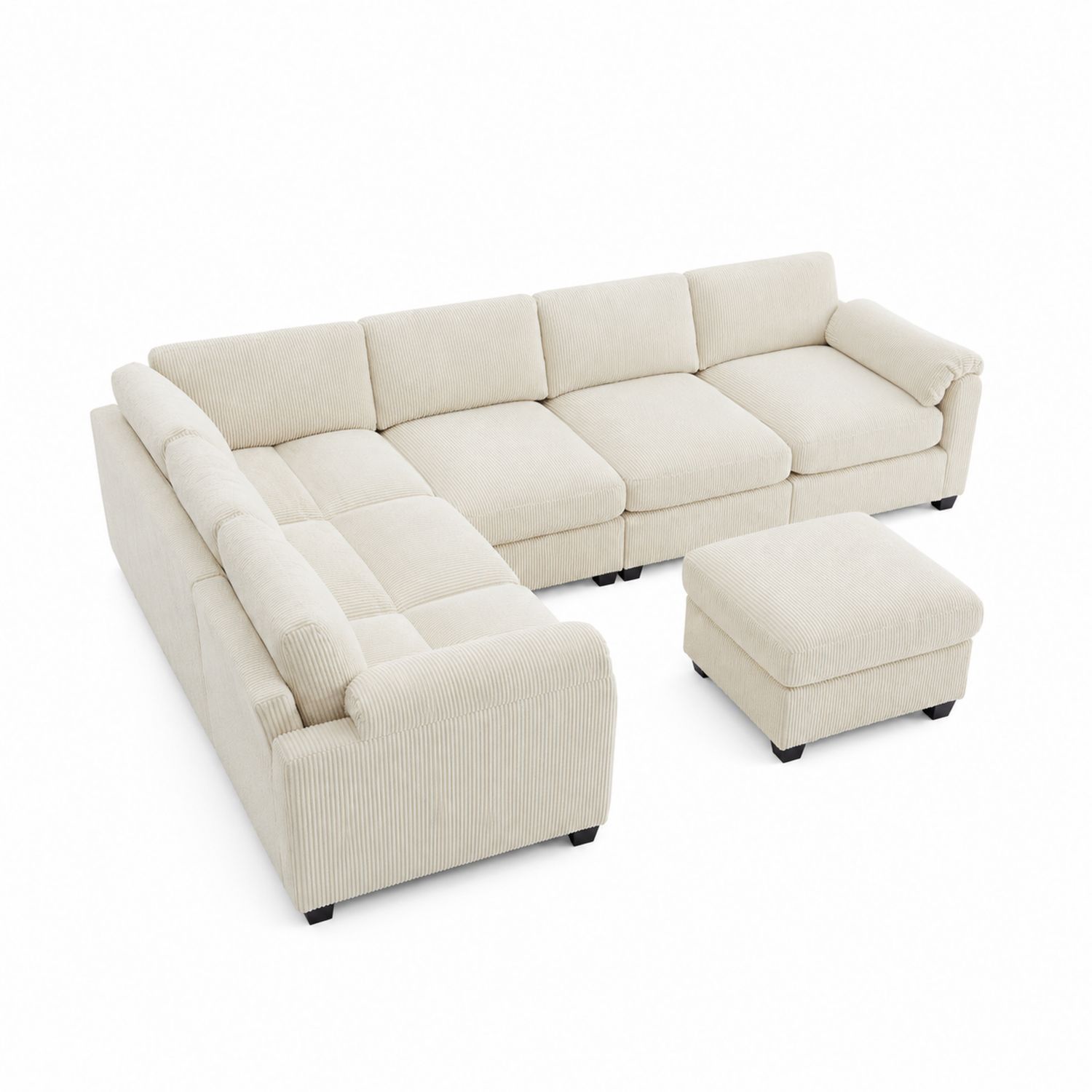 Divano a L in Tessuto Crema con Pouf