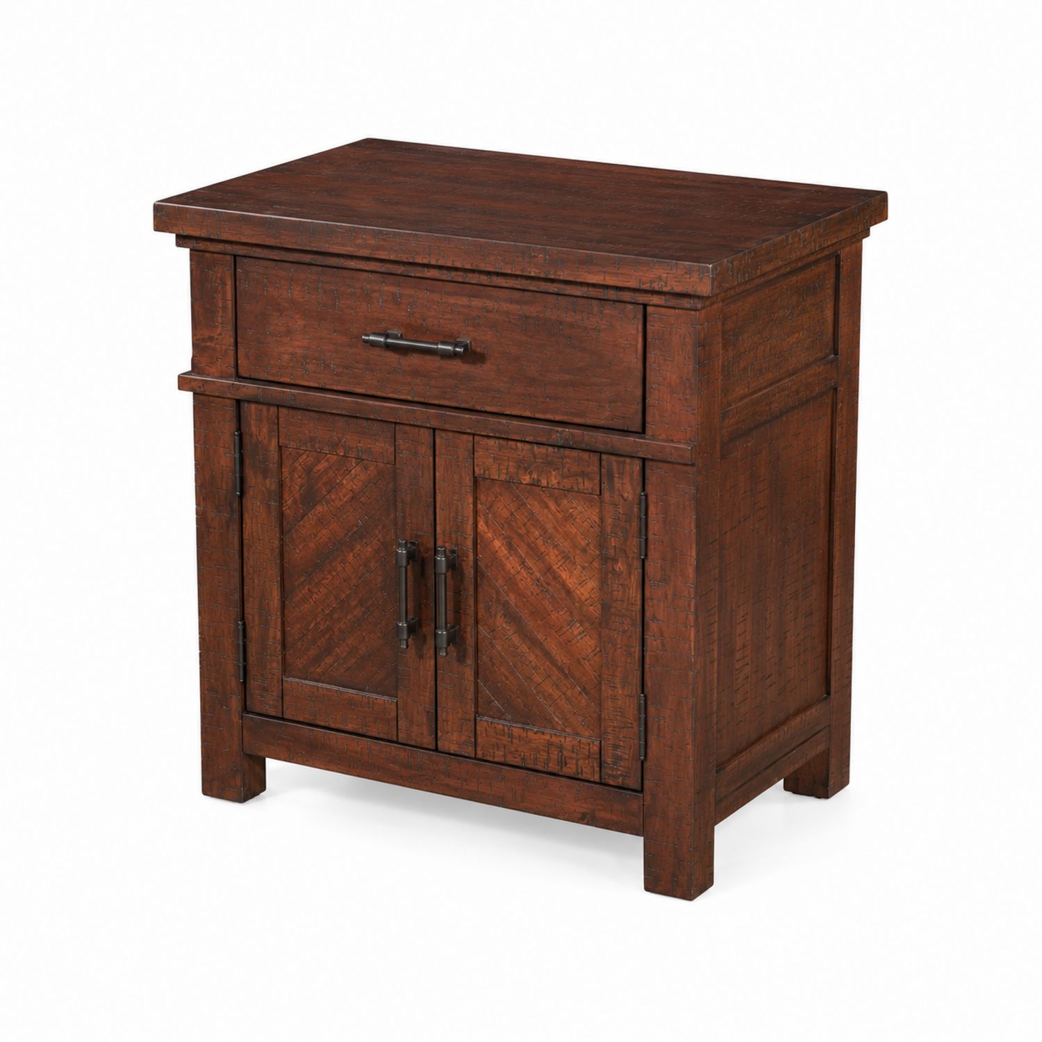 Comodino in legno massello marrone con cassetto e ante