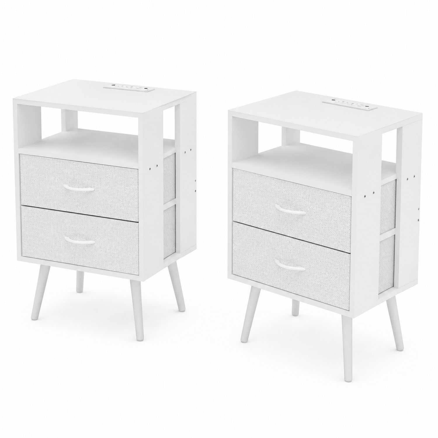 Set di 2 Comodini in Legno e Tessuto Bianco