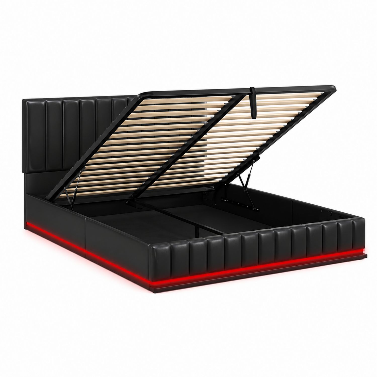 Letto in Ecopelle con Contenitore e LED Nero/Rosso