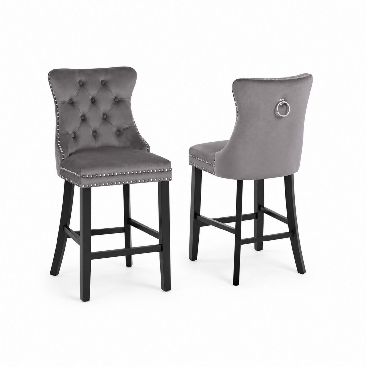 Set di 2 Sgabelli da Bar in Velluto Grigio con Borchie e Struttura in Legno