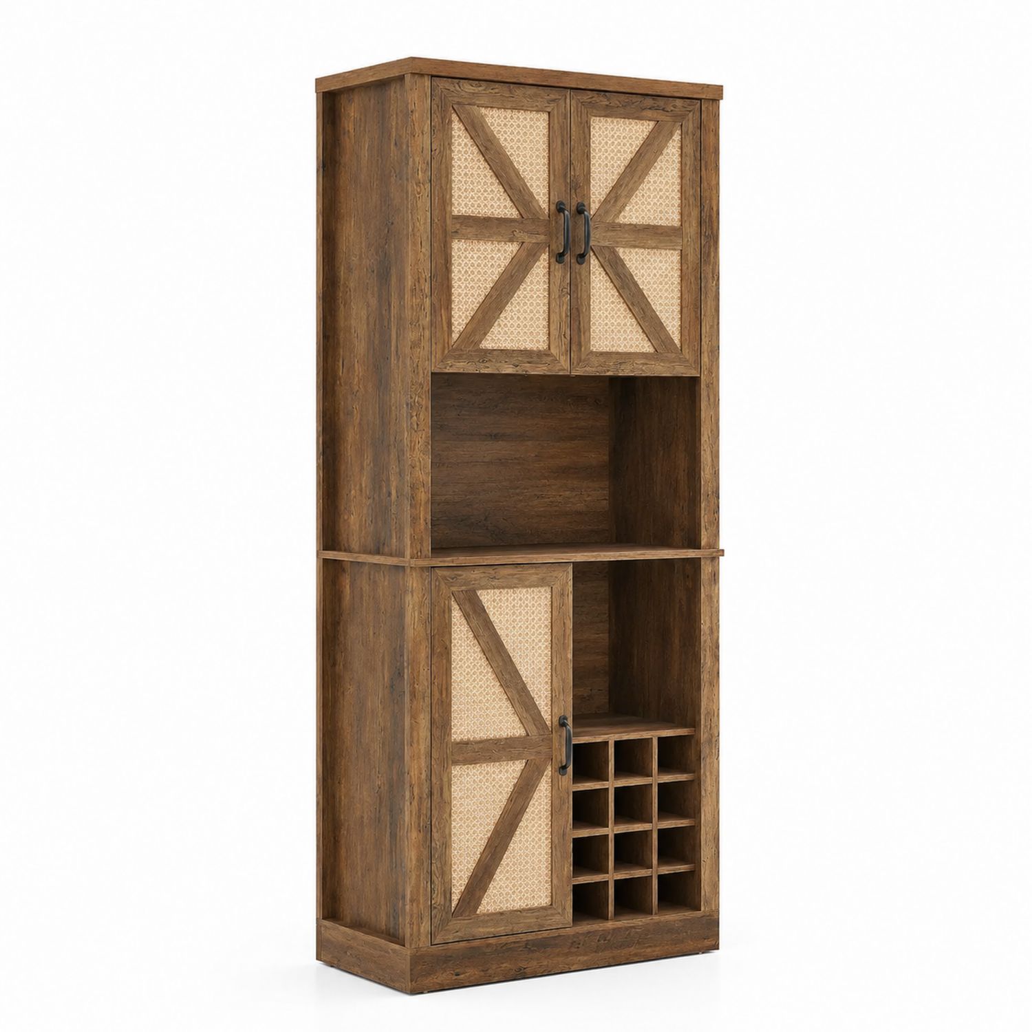 Mobile da bar in legno con rattan e vano porta bottiglie