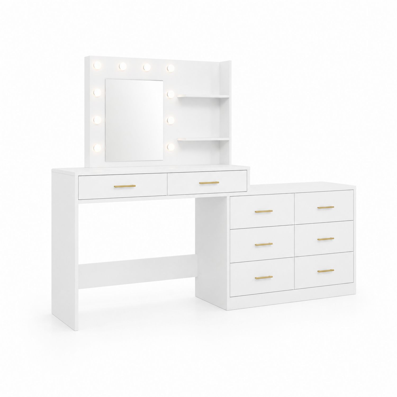 Tavolo da Toeletta con Specchio e Cassetti in Legno Bianco con Luci LED