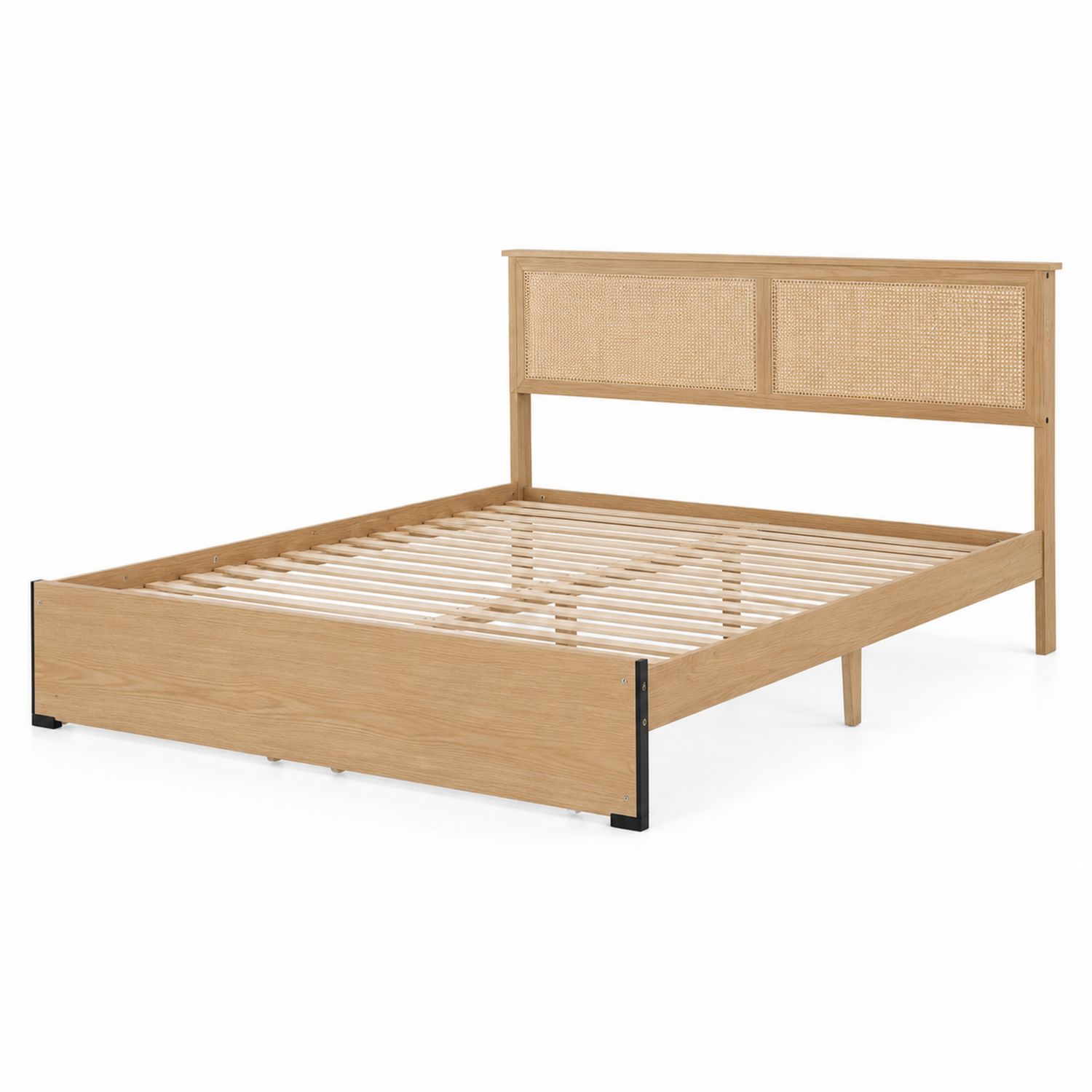Letto matrimoniale in legno di quercia e rattan naturale 200x160 cm