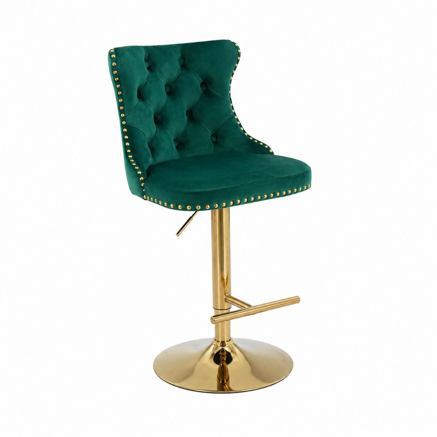 Sgabello in Velluto Verde con Base Girevole in Acciaio Oro