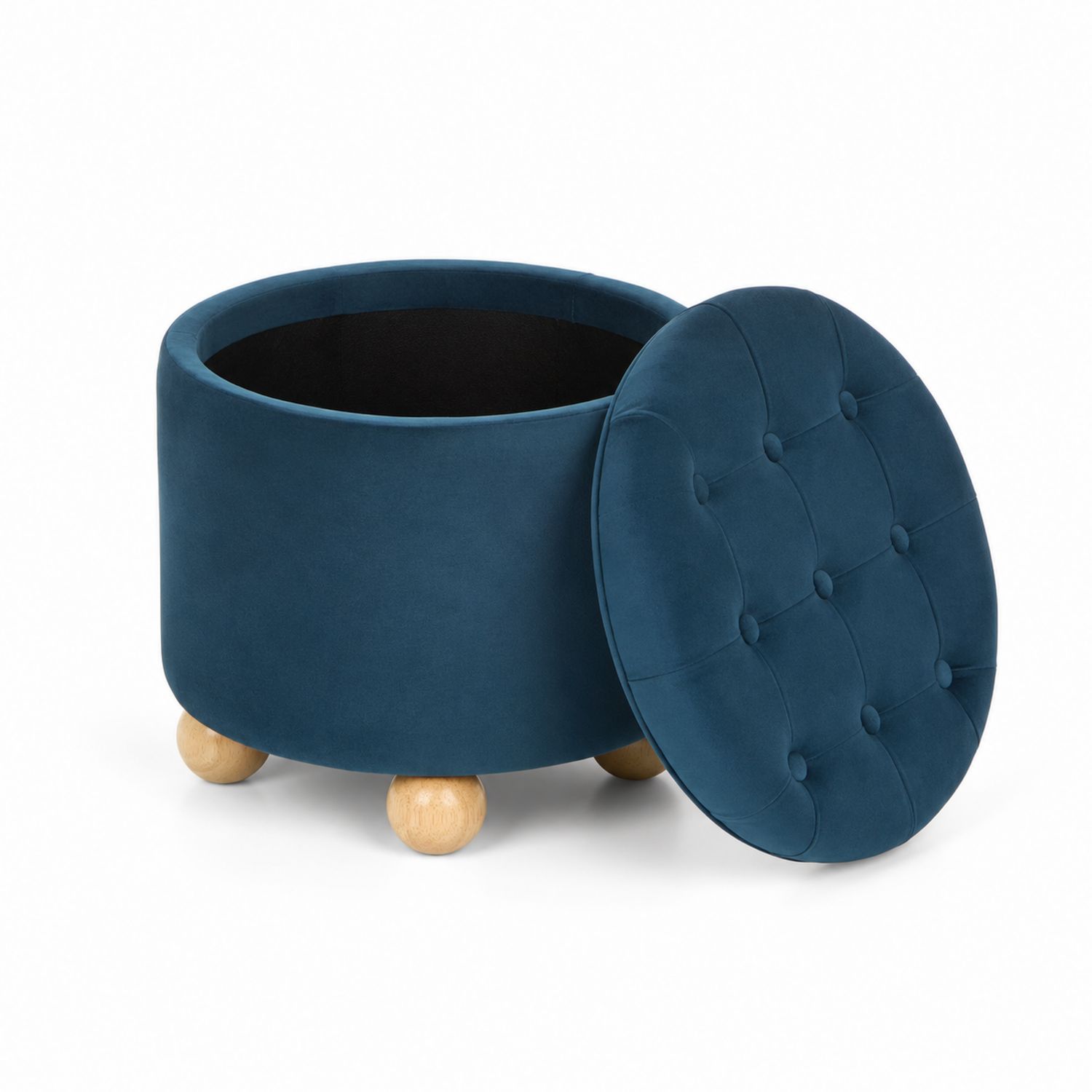 Pouf Rotondo in Velluto con Gambe in Legno Blu