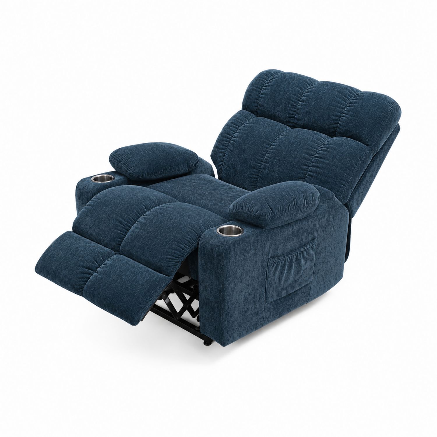 Poltrona reclinabile in tessuto blu con portabicchieri