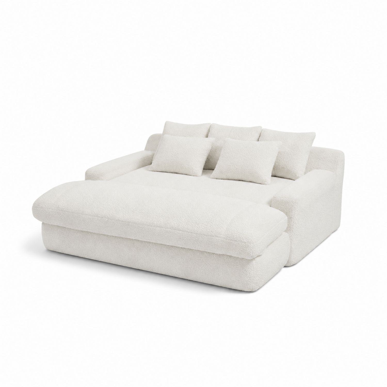Divano Letto in Tessuto Bouclé Crema con Cuscini