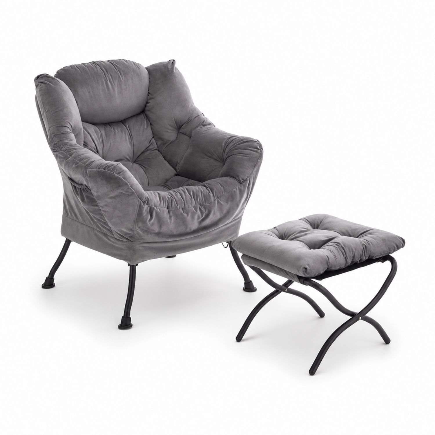 Poltrona con Poggiapiedi in Tessuto Scamosciato Grigio e Gambe Metalliche