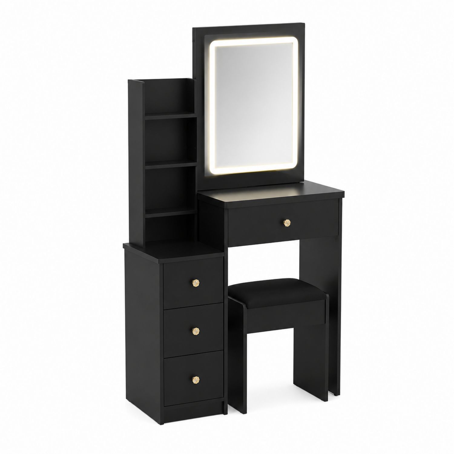 Toeletta in Legno Nero con Specchio LED e Sgabello