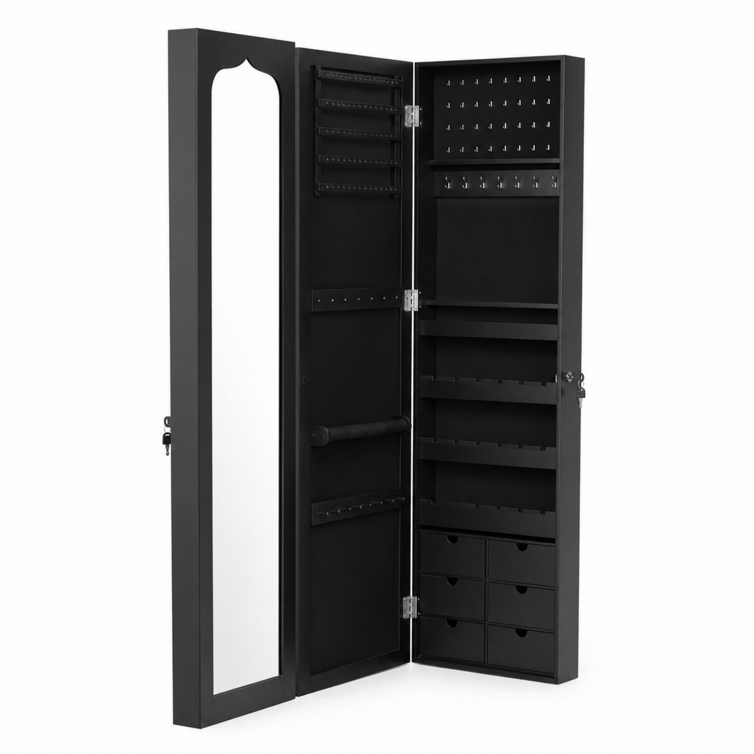Armadietto Portagioie con Specchio a Parete Legno Nero