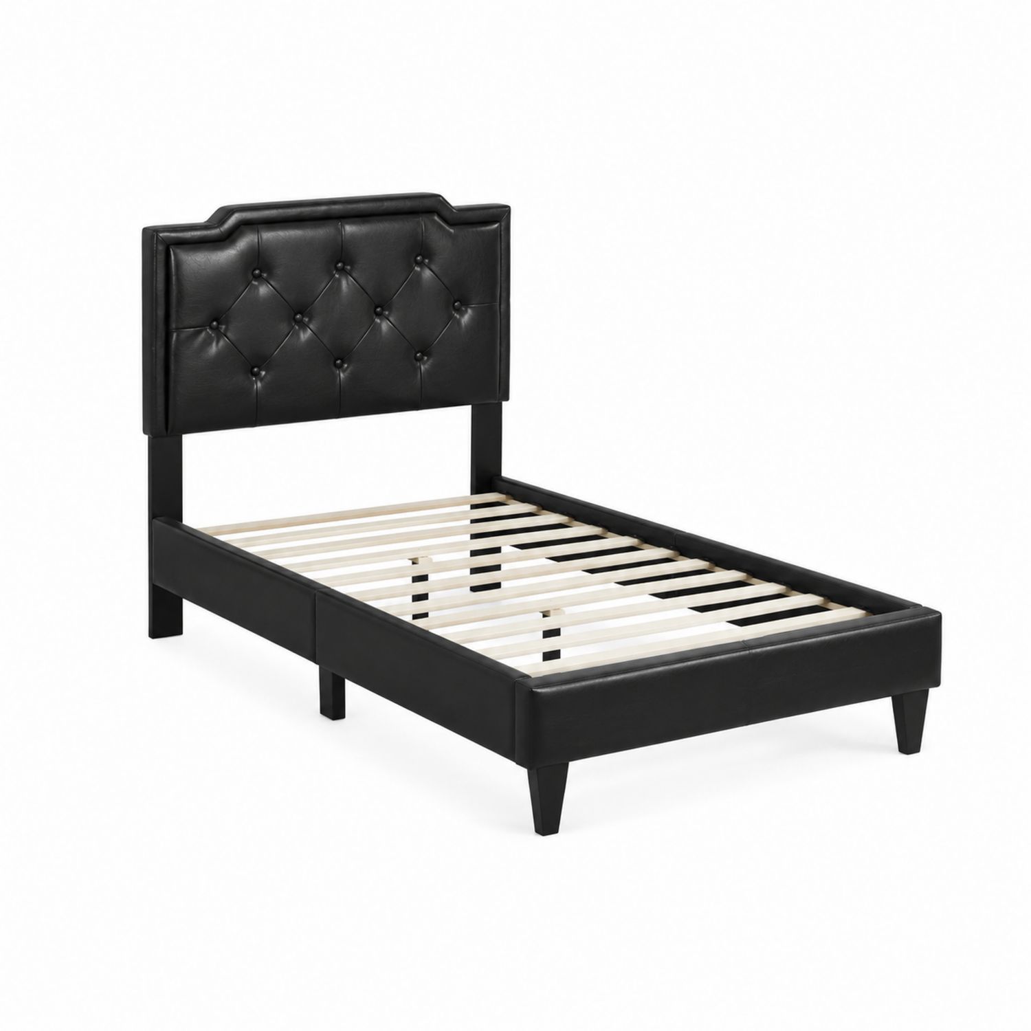 Letto singolo in legno e pelle sintetica nera con testata imbottita