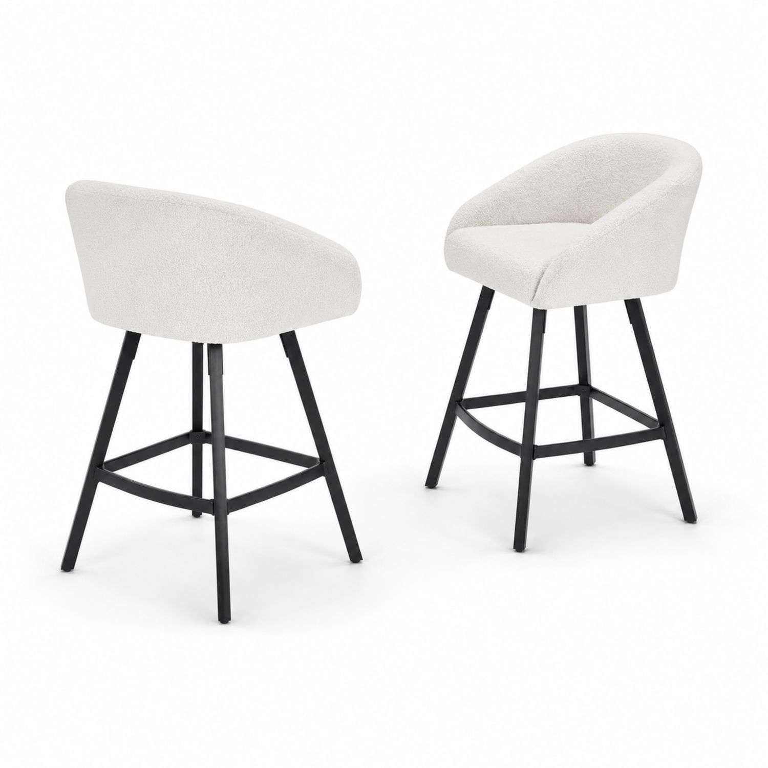 Set di 2 sgabelli da bar in tessuto Bouclé bianco con gambe in acciaio nero