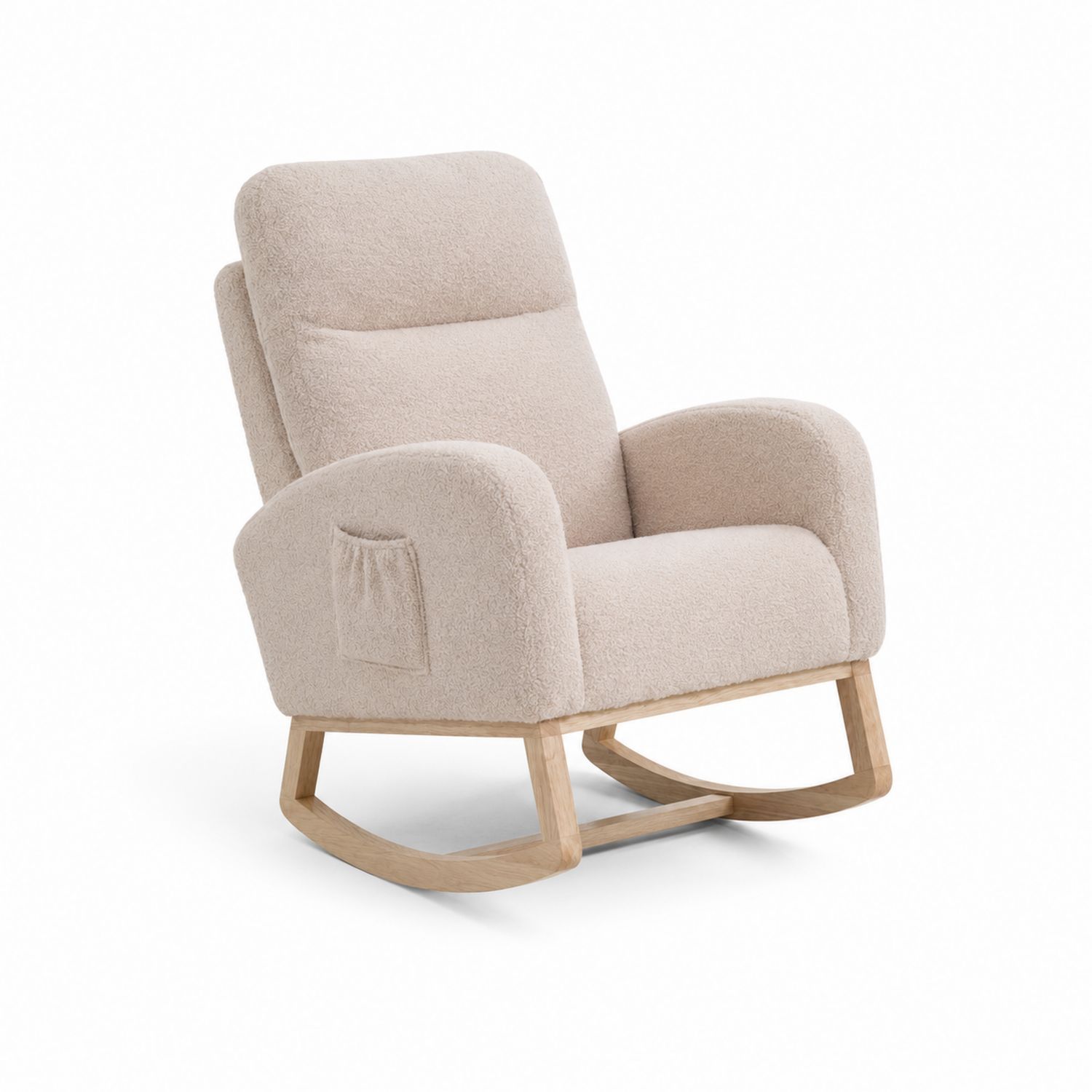 Poltrona a Dondolo in Legno e Bouclé Beige