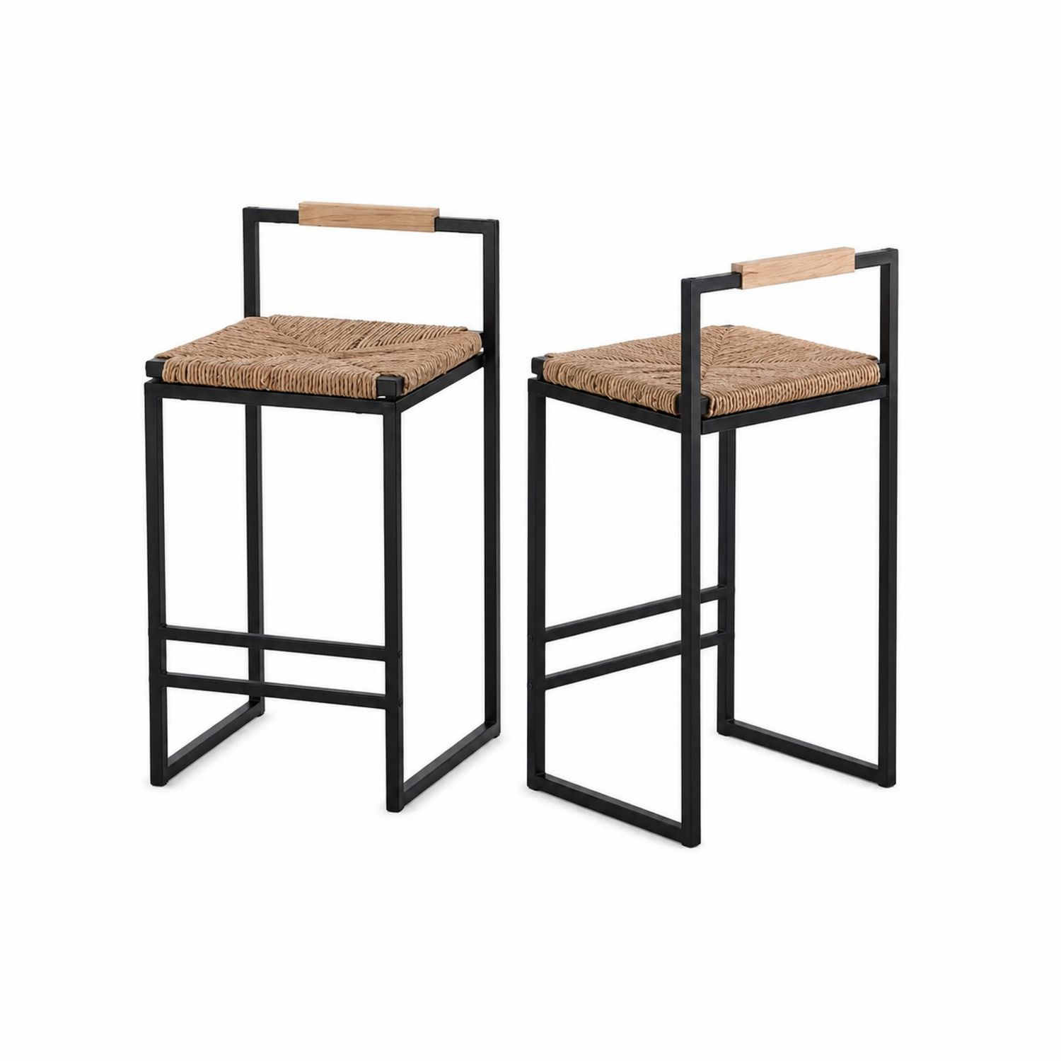 Set di 2 sgabelli da bar in metallo con seduta in rattan e schienale in legno