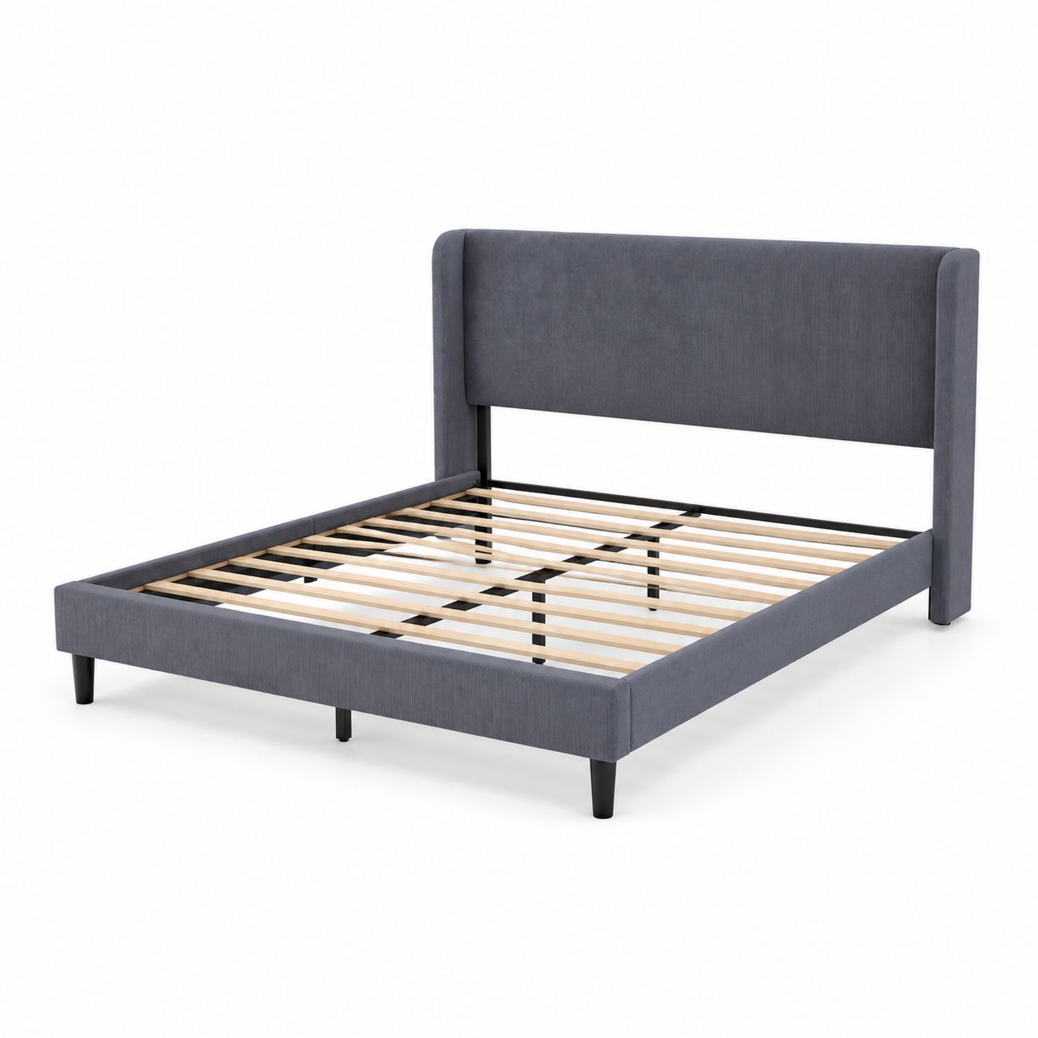 Letto matrimoniale in legno con rivestimento in tessuto grigio