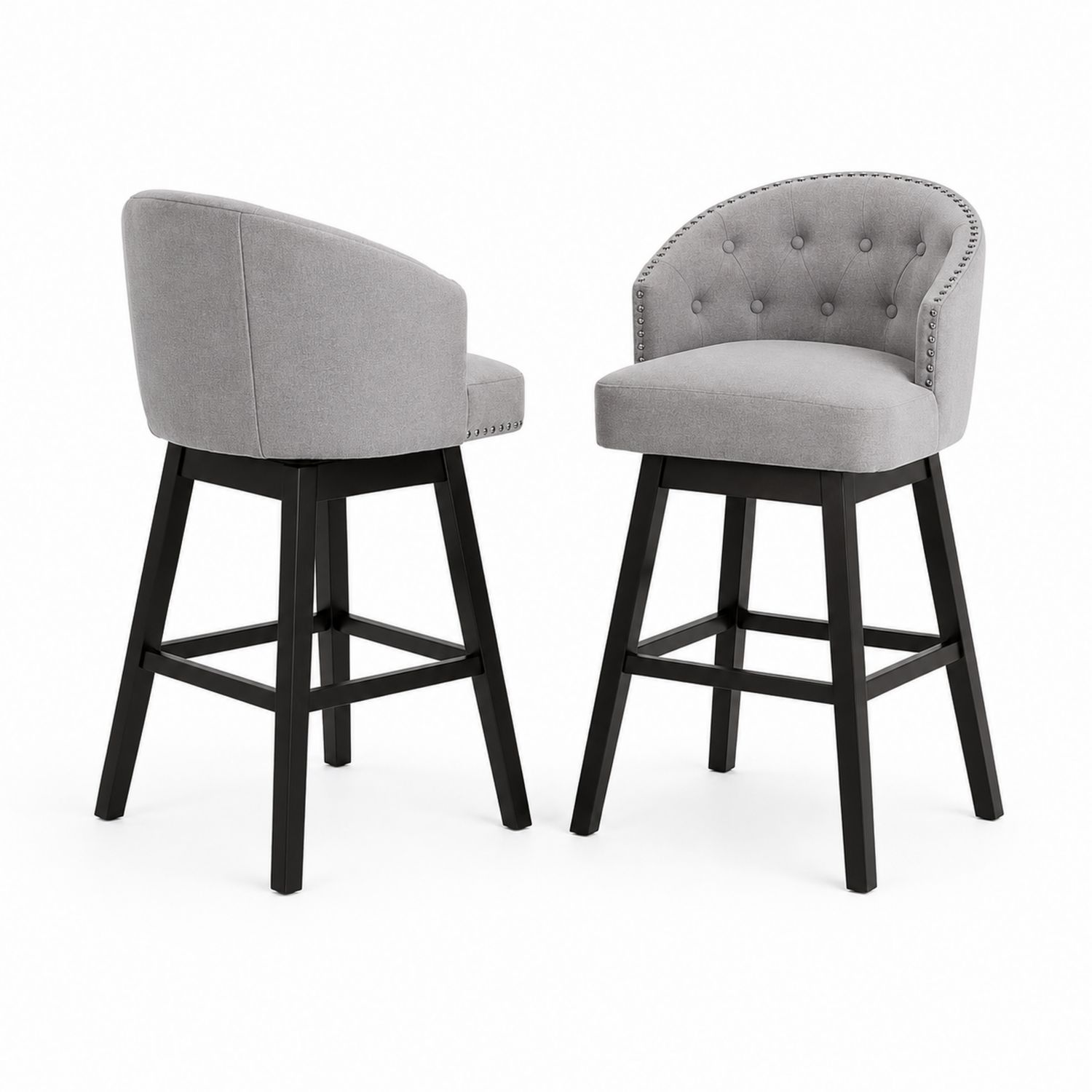 Sgabelli da Bar in Tessuto Grigio con Gambe in Legno Nero Set di 2