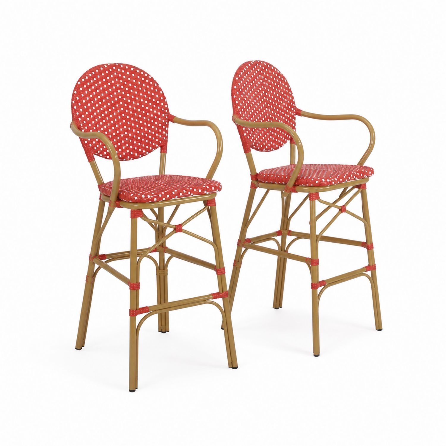 Set di 2 sgabelli da bar in legno e tessuto rosso a pois