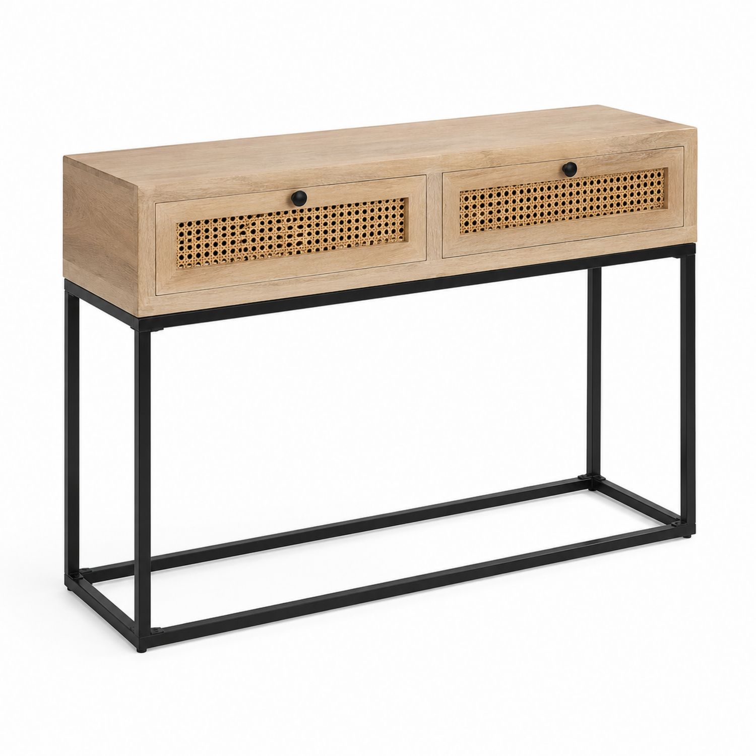 Consolle in legno di quercia con cassetti in rattan e struttura in metallo nero 120x35x75 cm