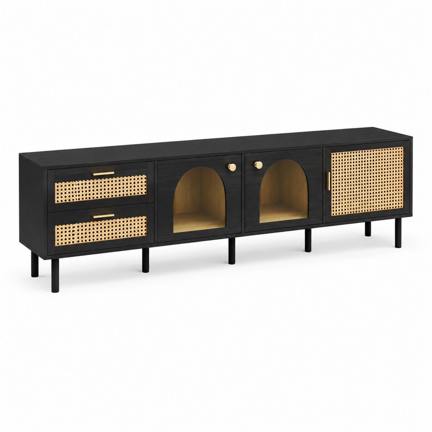Mobile TV in legno e rattan con gambe in metallo nero