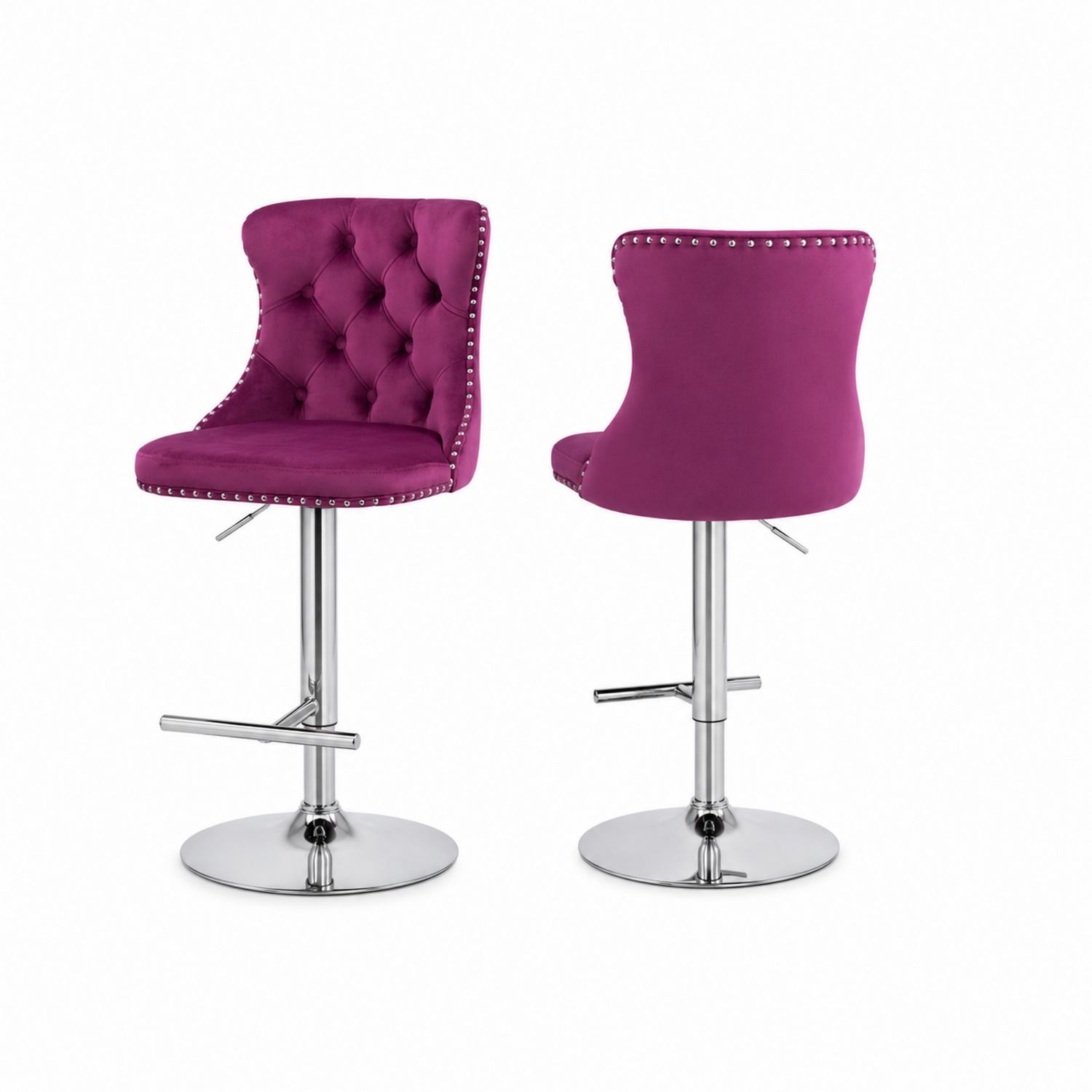 Sgabello da bar in velluto con base in metallo fucsia
