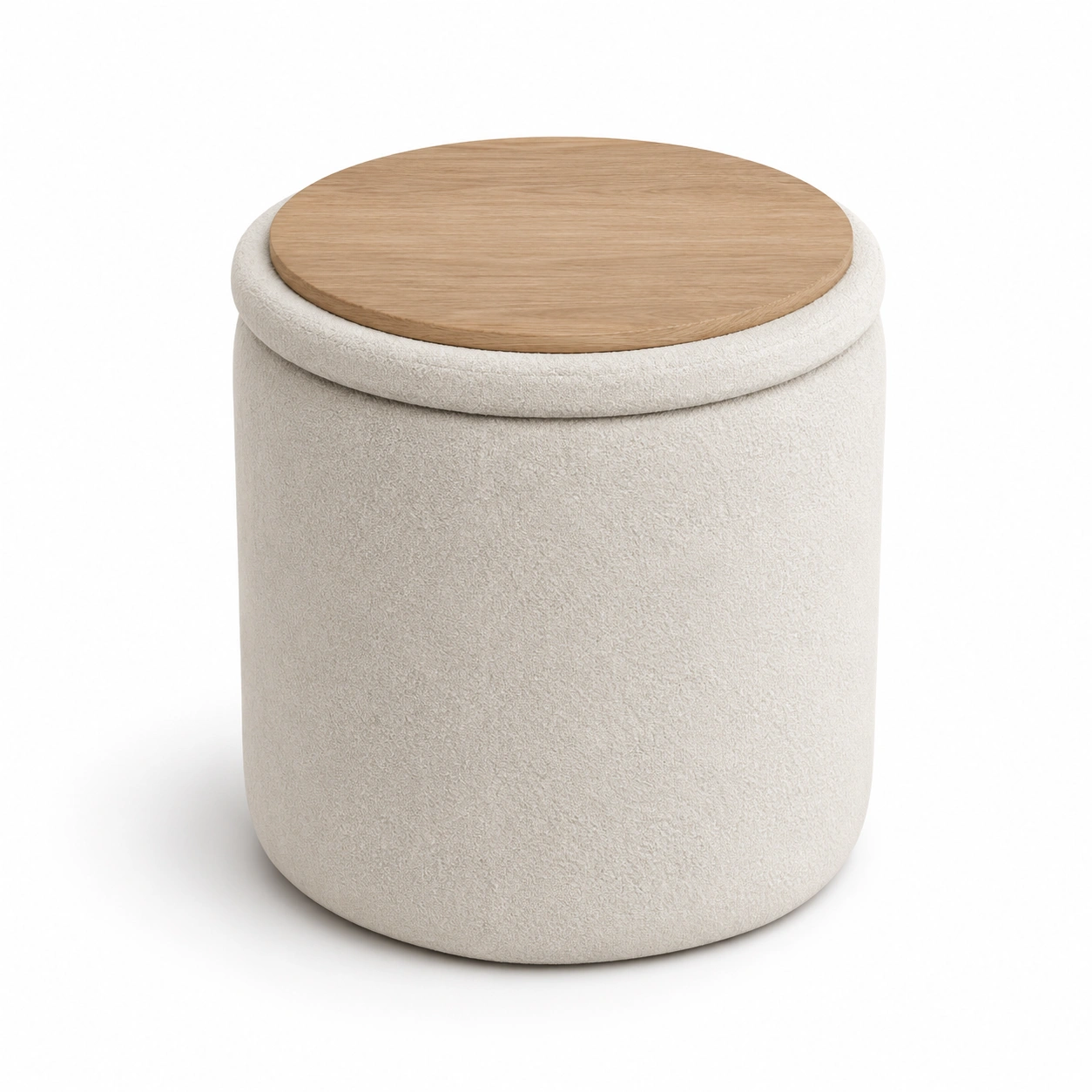 Otomana de almacenamiento redonda con tapa de madera color crema-woodlyo
