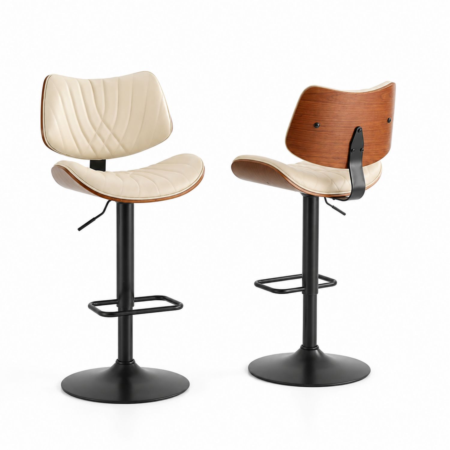 Barstuhl Set höhenverstellbar Kunstleder Creme, Holz, schwarzer Stahl