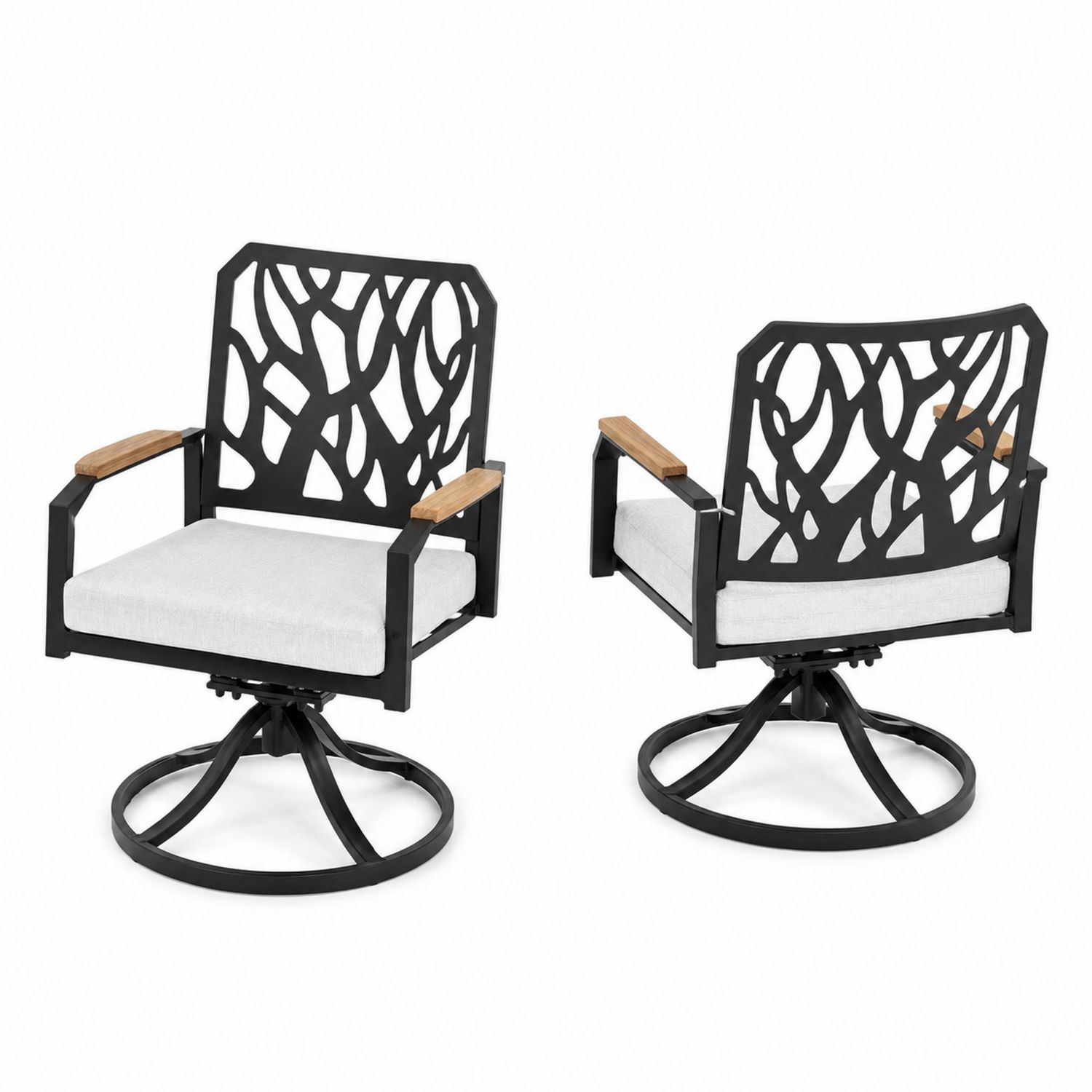 Aluminium-Schaukelstuhl-Set mit Teakarmlehnen und Kissen in Schwarz/Beige