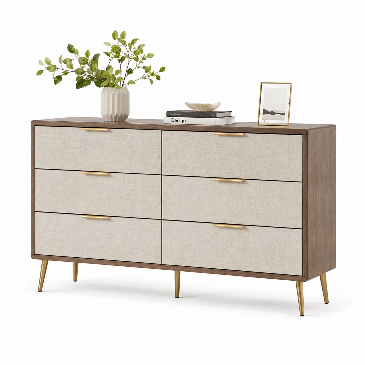 Cajonera de Madera con 6 Cajones Beige y Dorado
