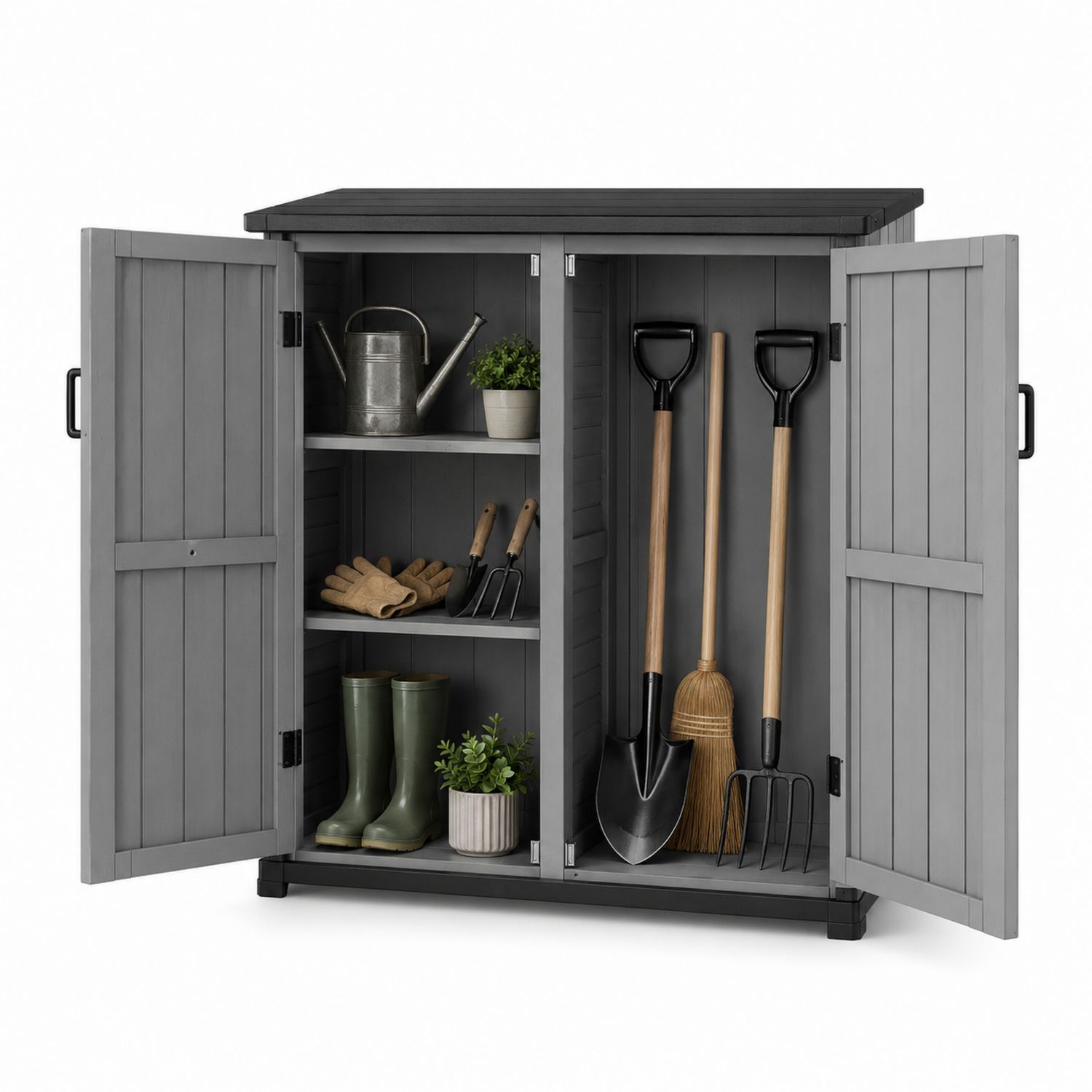 Armario de almacenamiento de resina gris con estantes y puertas dobles