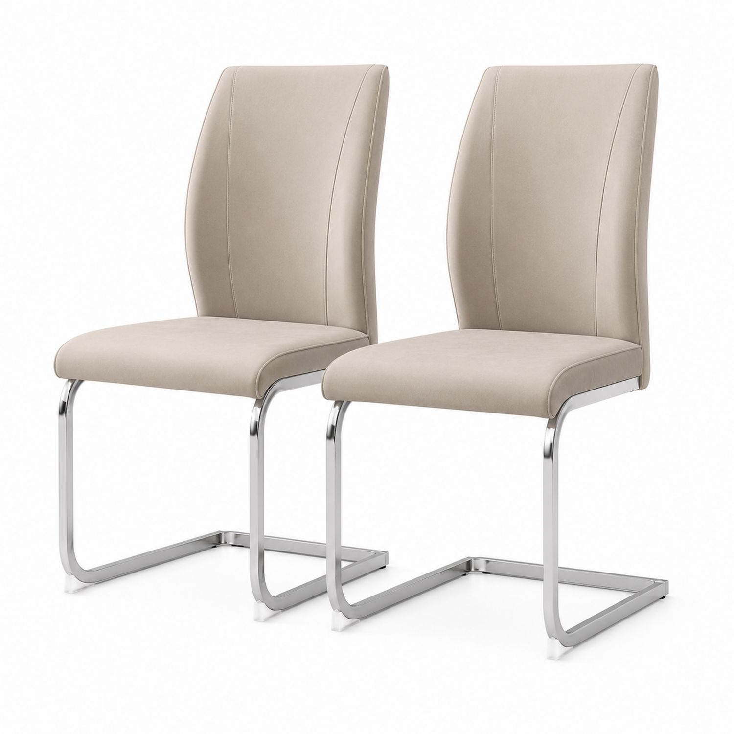Juego de 2 sillas de comedor de piel sintética beige con estructura metálica cromada