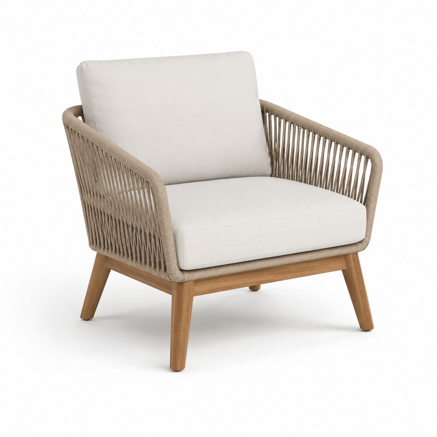 Silla de madera de teca y cuerda sintética beige