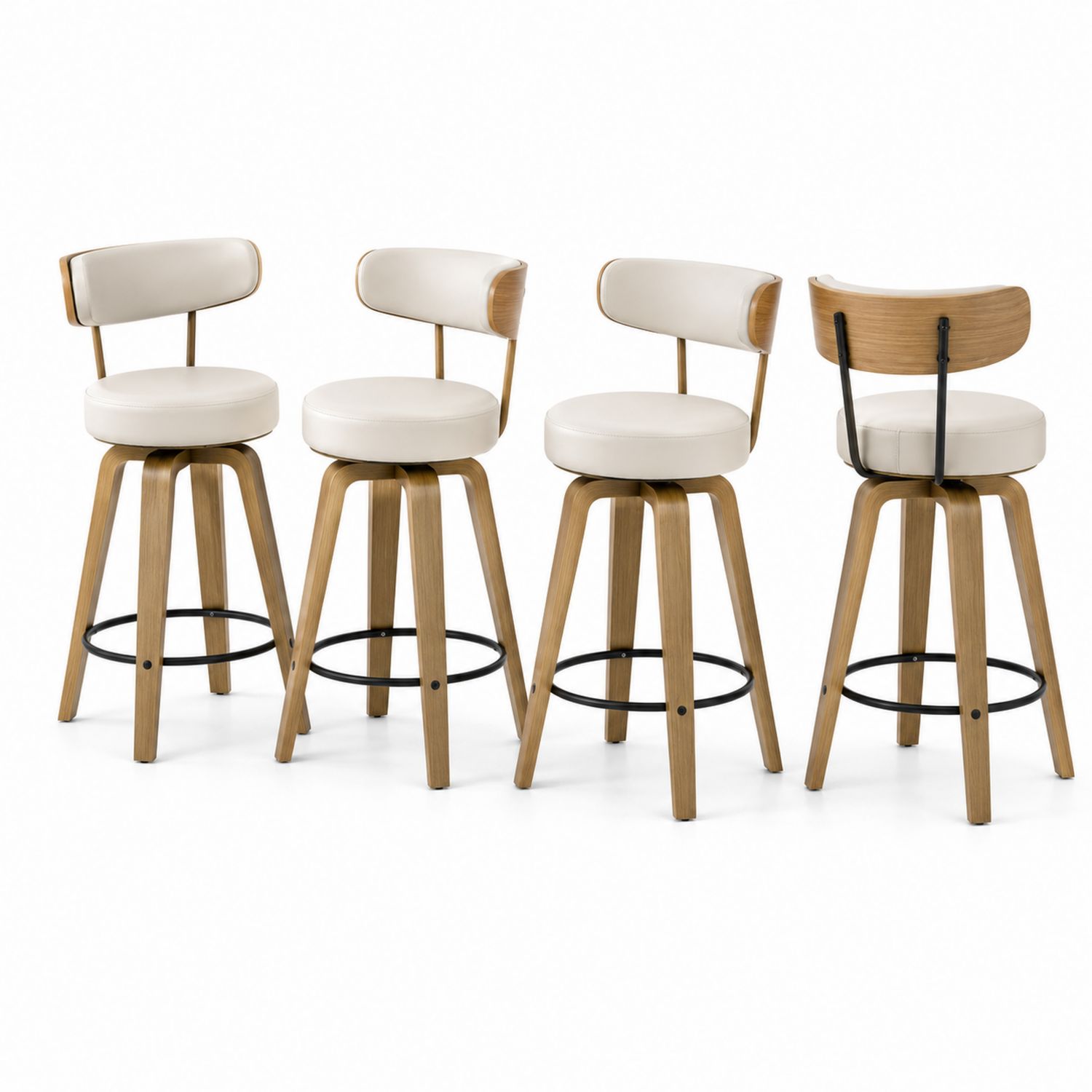 Conjunto de 4 taburetes de bar giratorios de madera y piel sintética crema, altura 102 cm