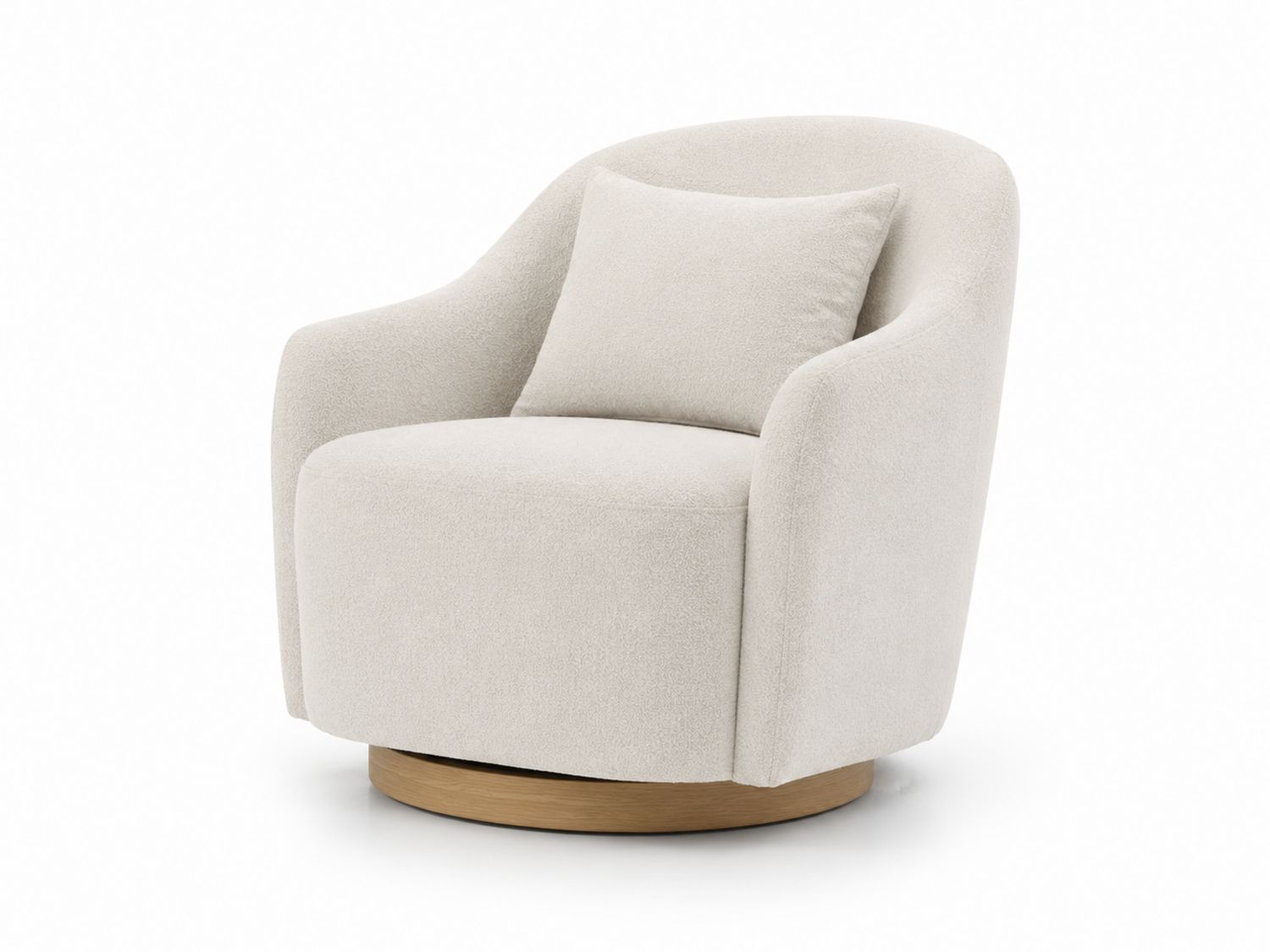 Sillón giratorio de tejido bouclé beige con base de madera