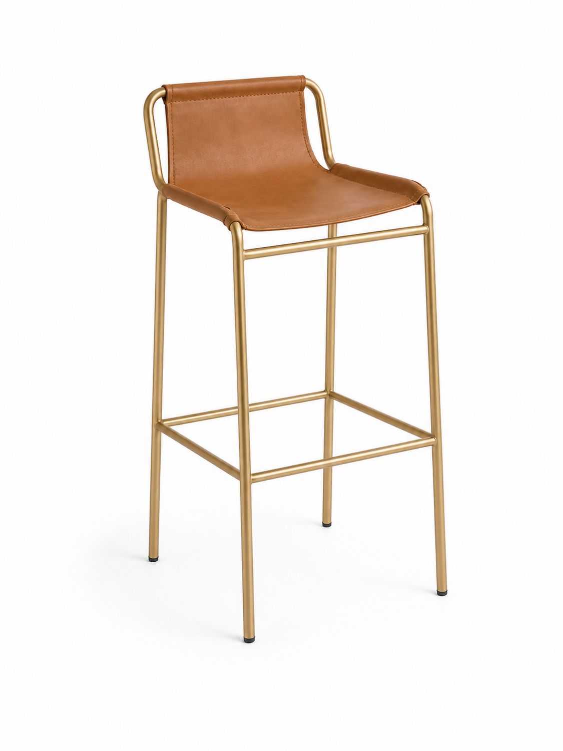 Taburete de Metal Dorado con Asiento de Cuero Sintético Marrón