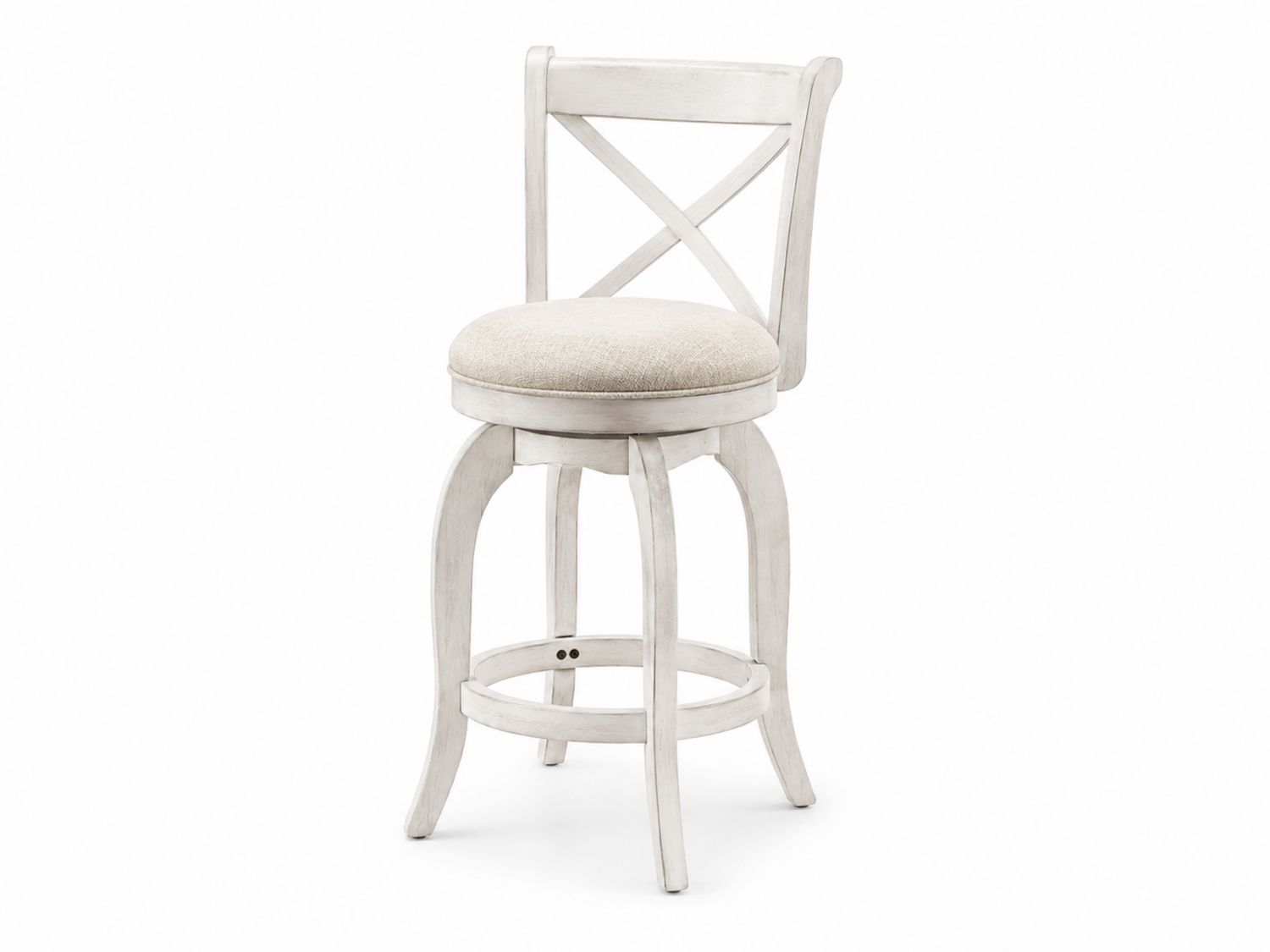 Taburete de madera blanca y tela beige giratorio