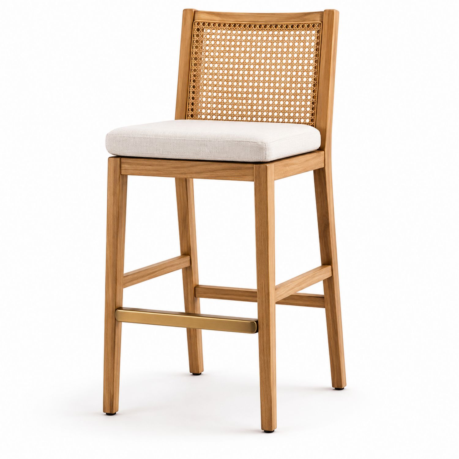 Taburete de Bar de Roble con Respaldo de Mimbre y Asiento de Tela Beige