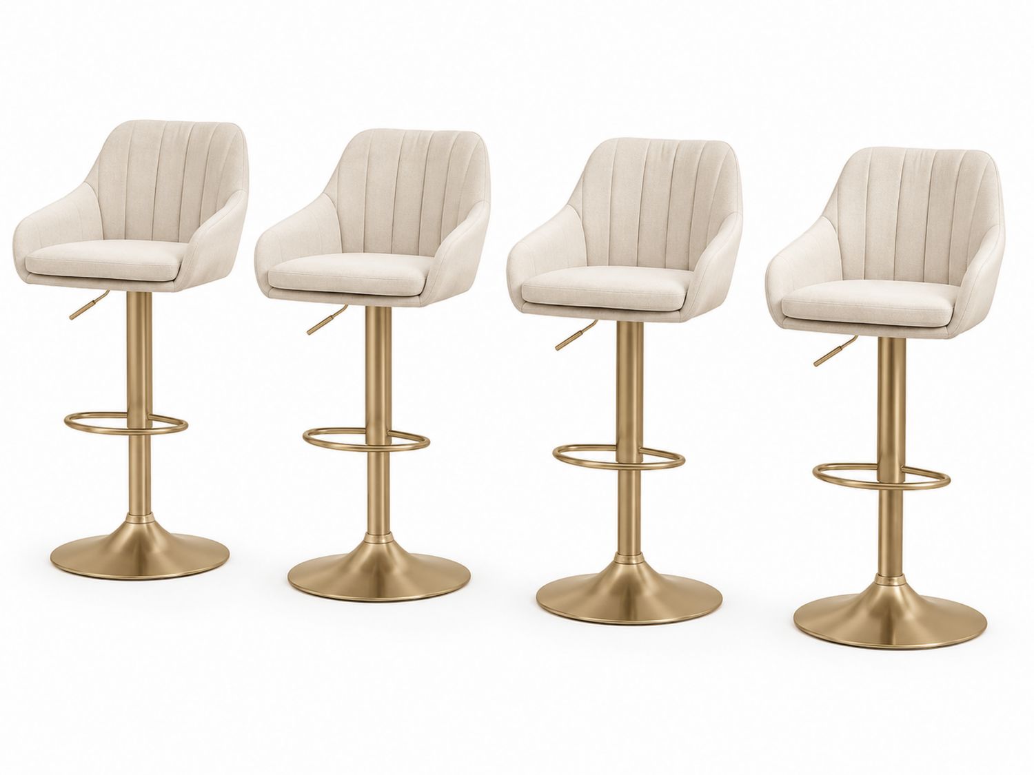 Set de 4 taburetes de bar ajustables con respaldo de tela beige y base de metal dorado
