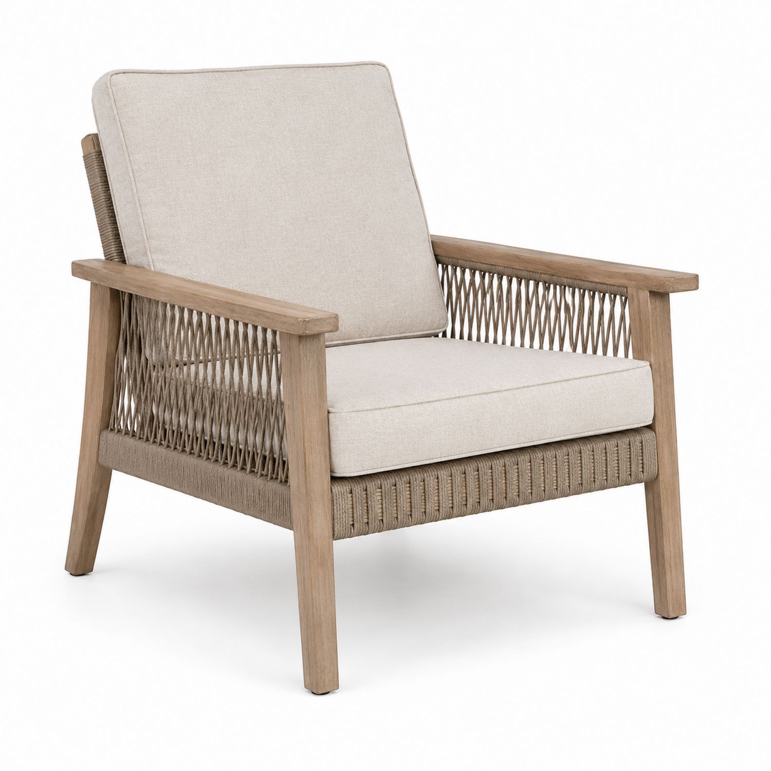 Silla de madera con cojines beige y estructura de cuerda